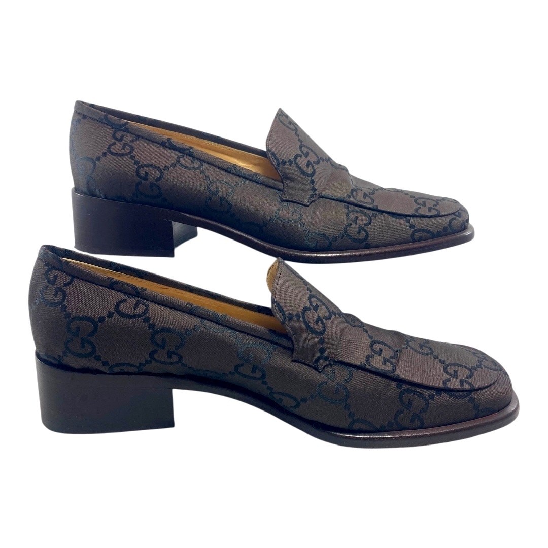 Gucci Logo Monogram Satin Canvas Brown Black Authentic Size IT 37C US 7 Loafers