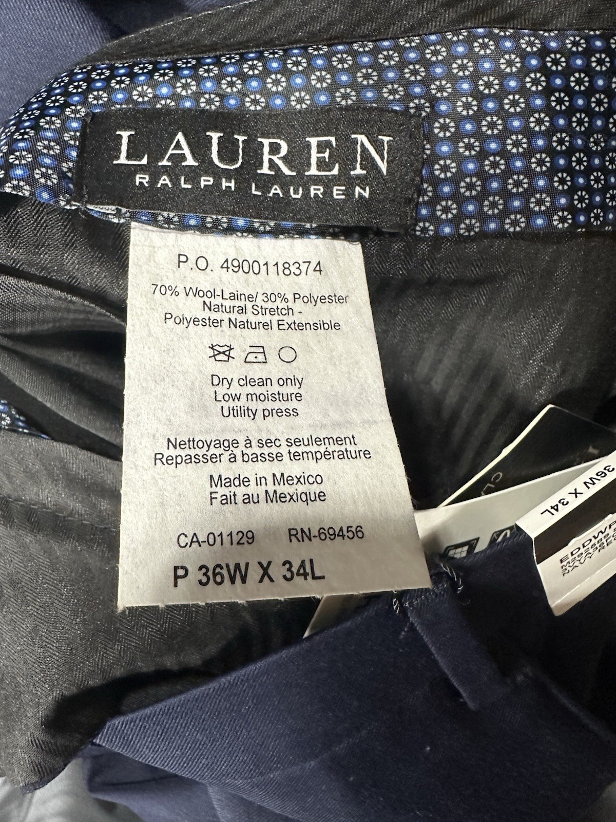 NWT Ralph Lauren Navy Reg. Classic Fit Suit Trouser Men Pants Slacks 36×34 L#EB5