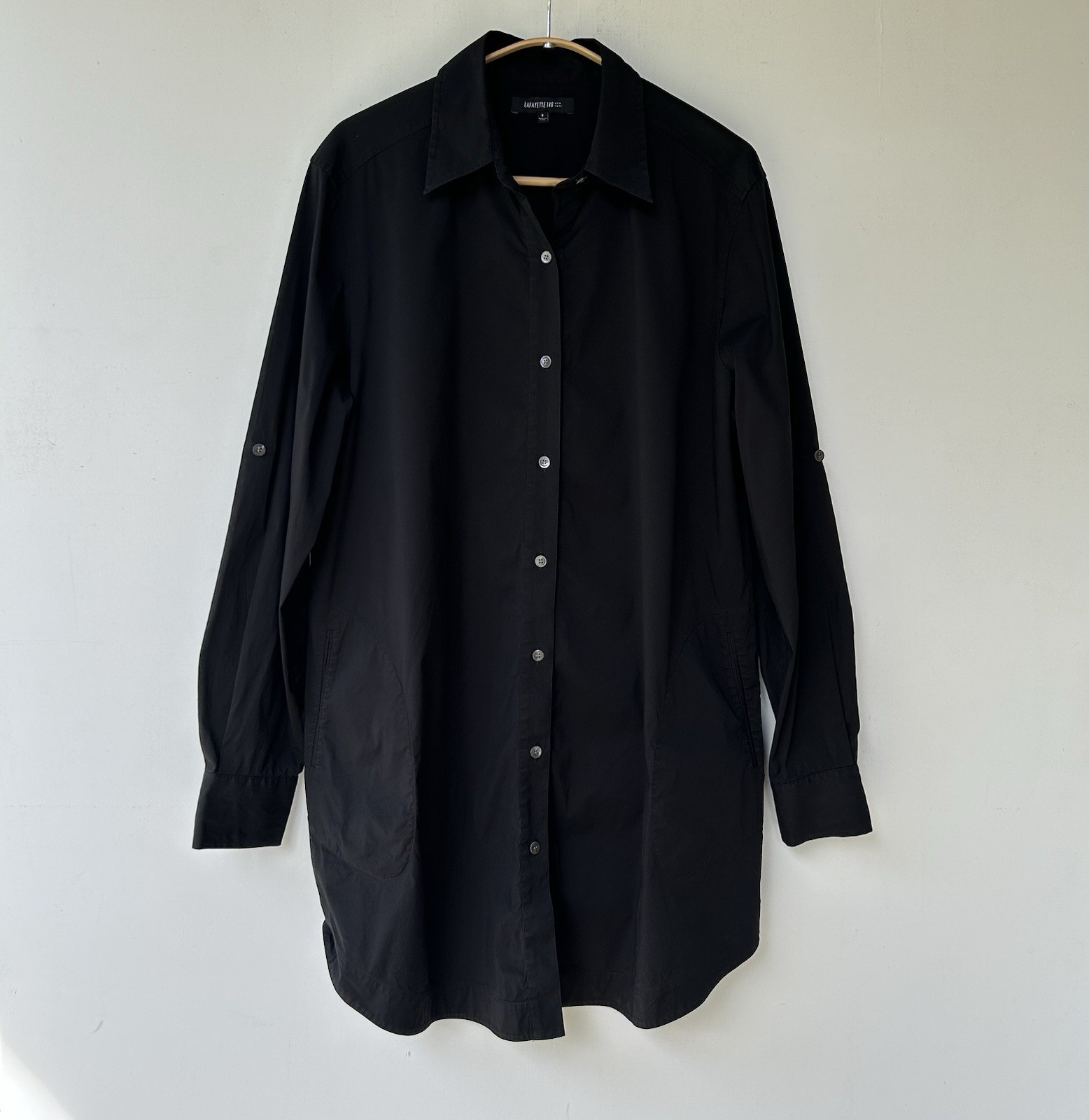 Lafayette 148 Black Poplin Midi Shirt Dress Button Down Pockets Women’s Size 8