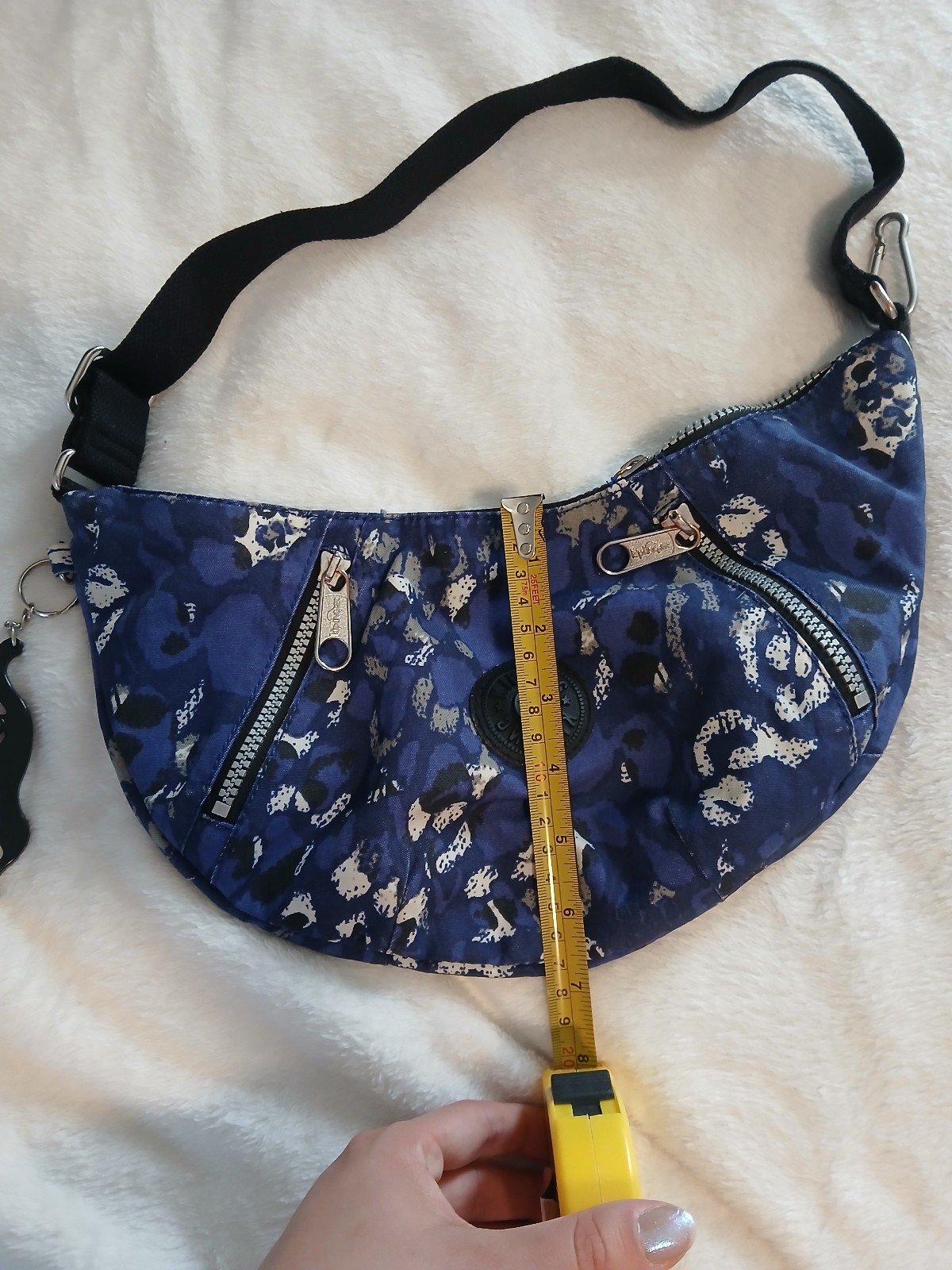 Kipling Blue Black Pattern Shoulder Crescent Bag With Monkey Keychain