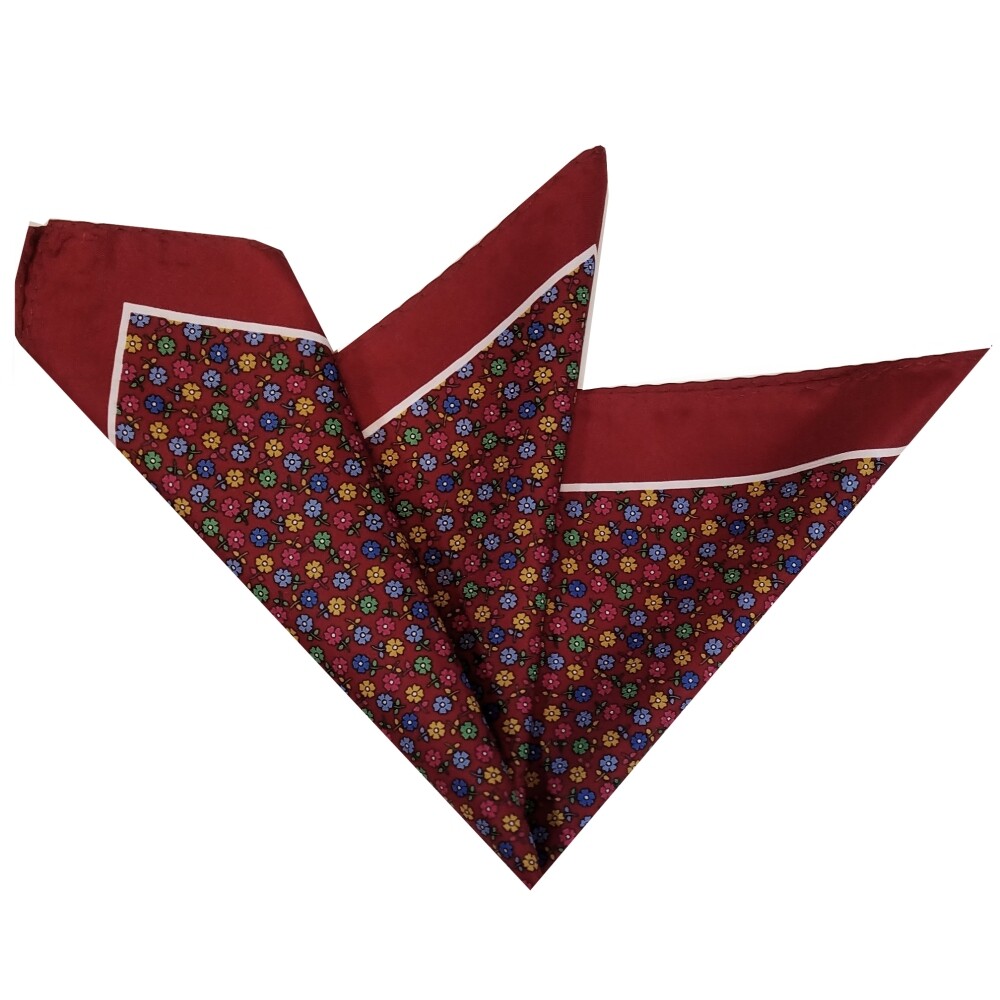 NEW – 100% Silk Pocket Square – Ruby Red with Petite Flowers 12.5in