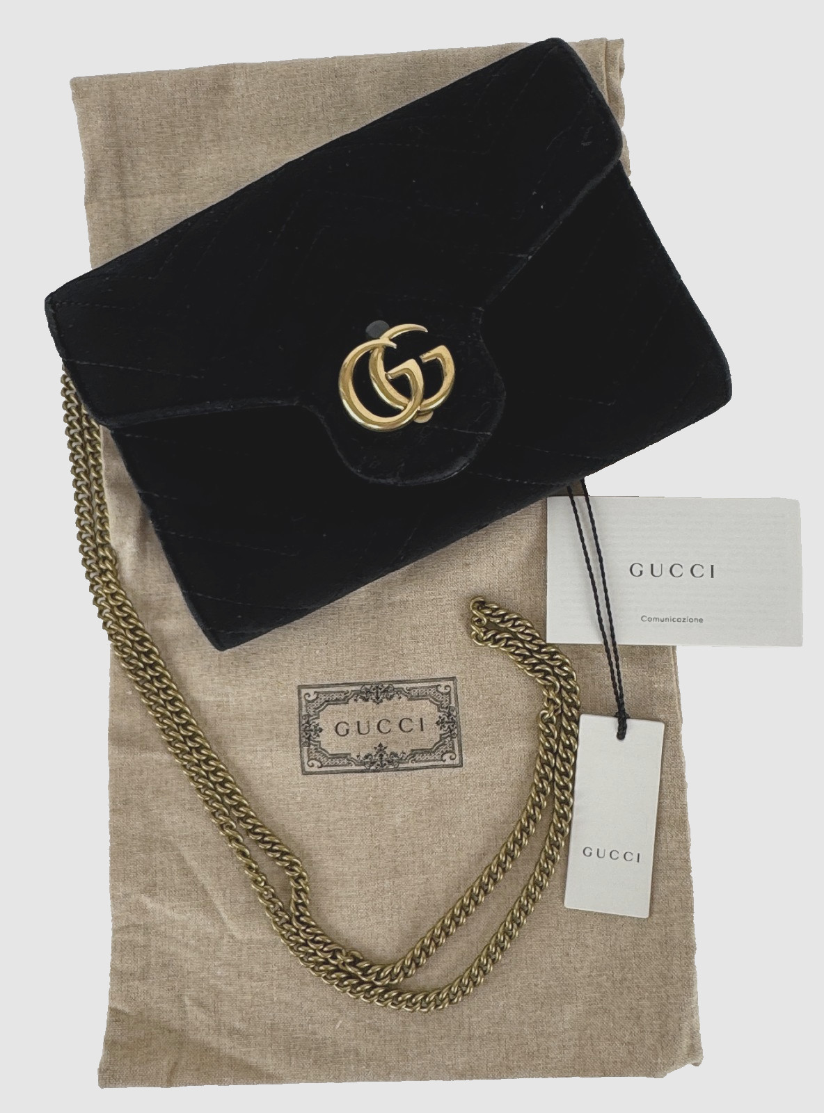 Gucci Auth Black Velvet Leather Gold GG Marmont Mini Shoulder Bag Wallet Chain