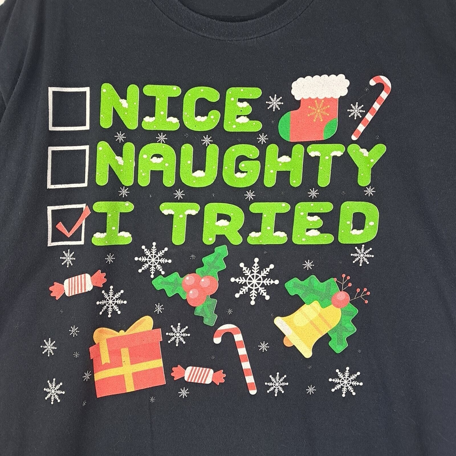 Christmas Holiday Tee Mens 2X Black Funny I Tried Nice Naughty T Shirt Unisex