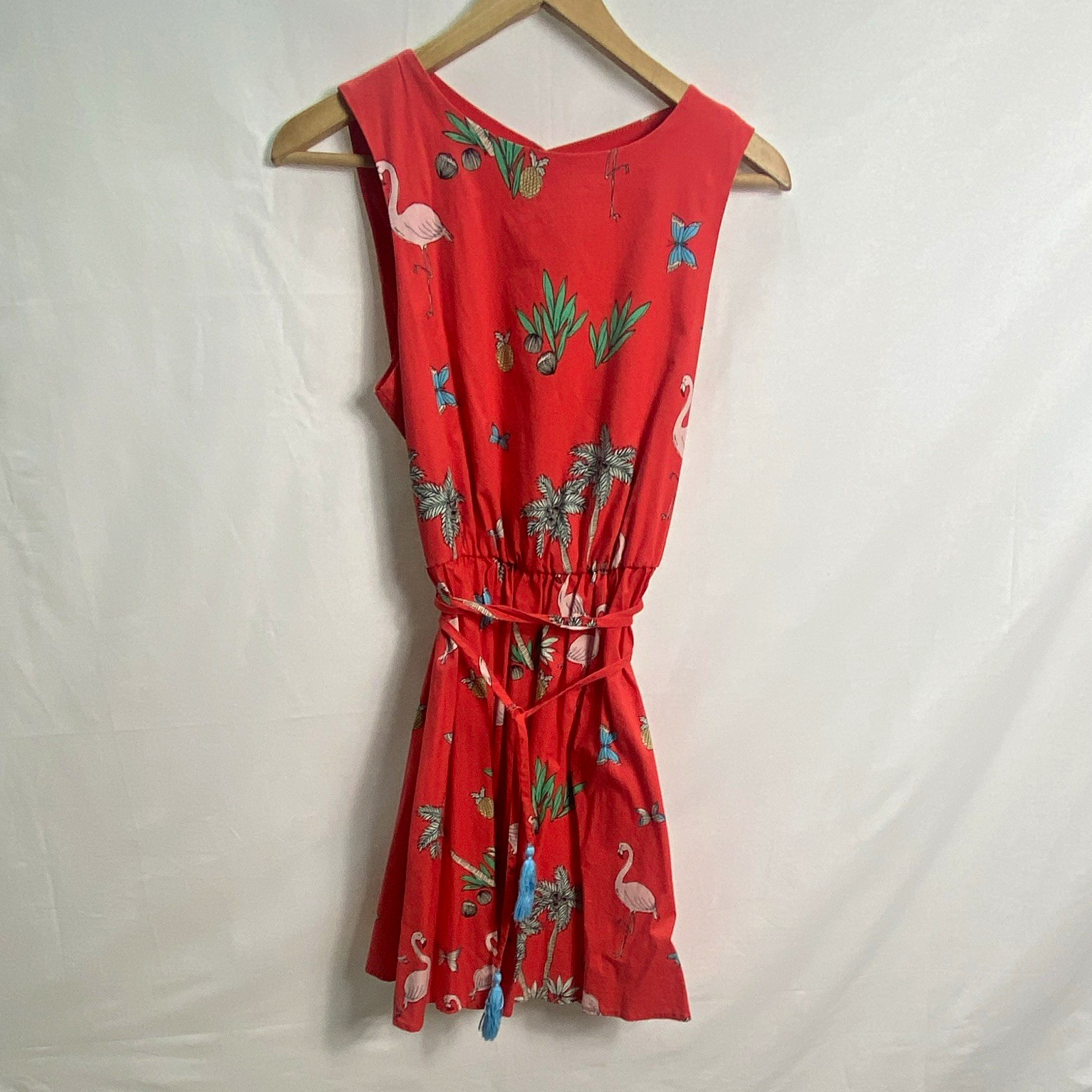 Bailey Blue Women’s M Red Tropical Flamingo Sleeveless Tie Waist Short Dress