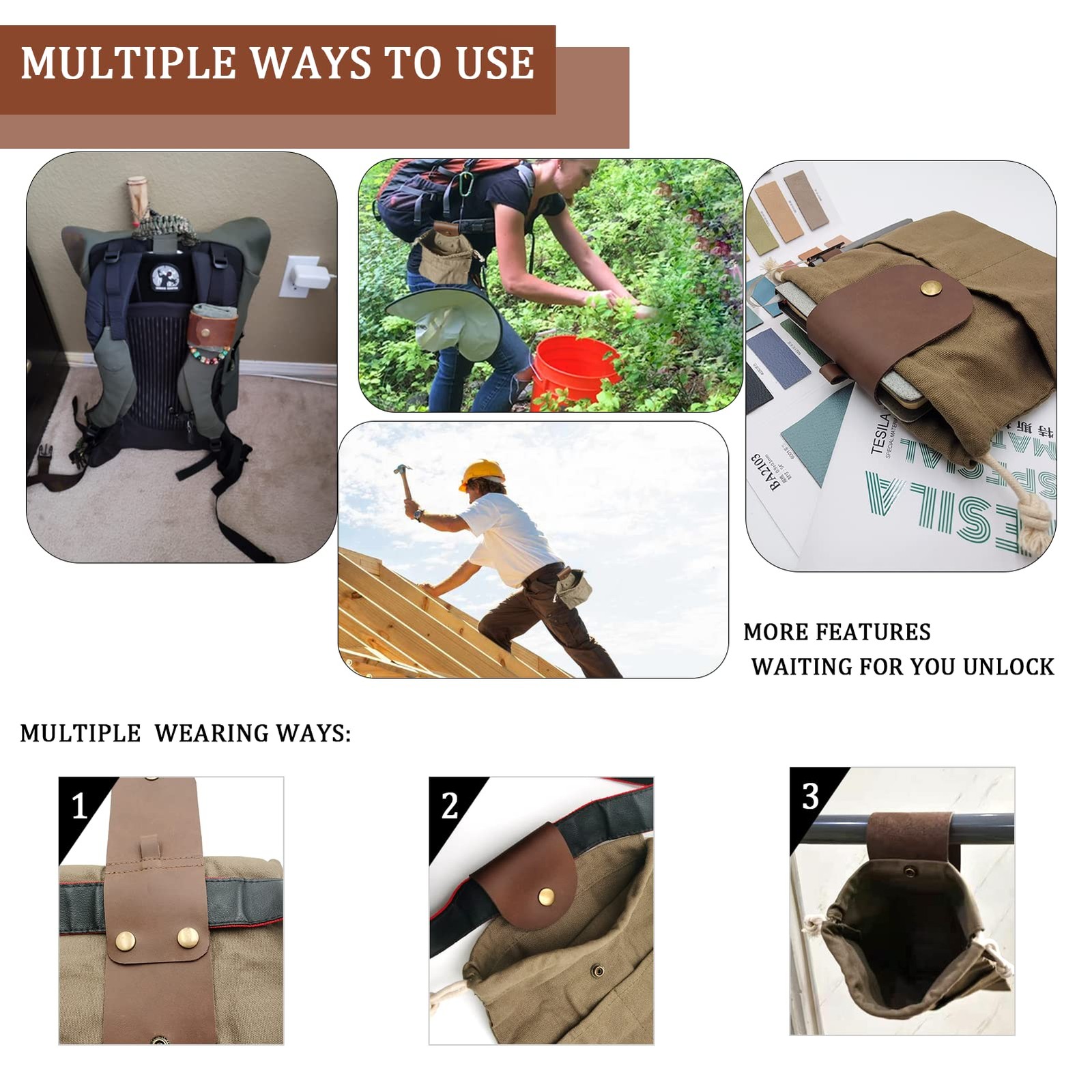 Foraging Pouch Leather Canvas Collapsible Bag Water Resistant Outdoor Camping…