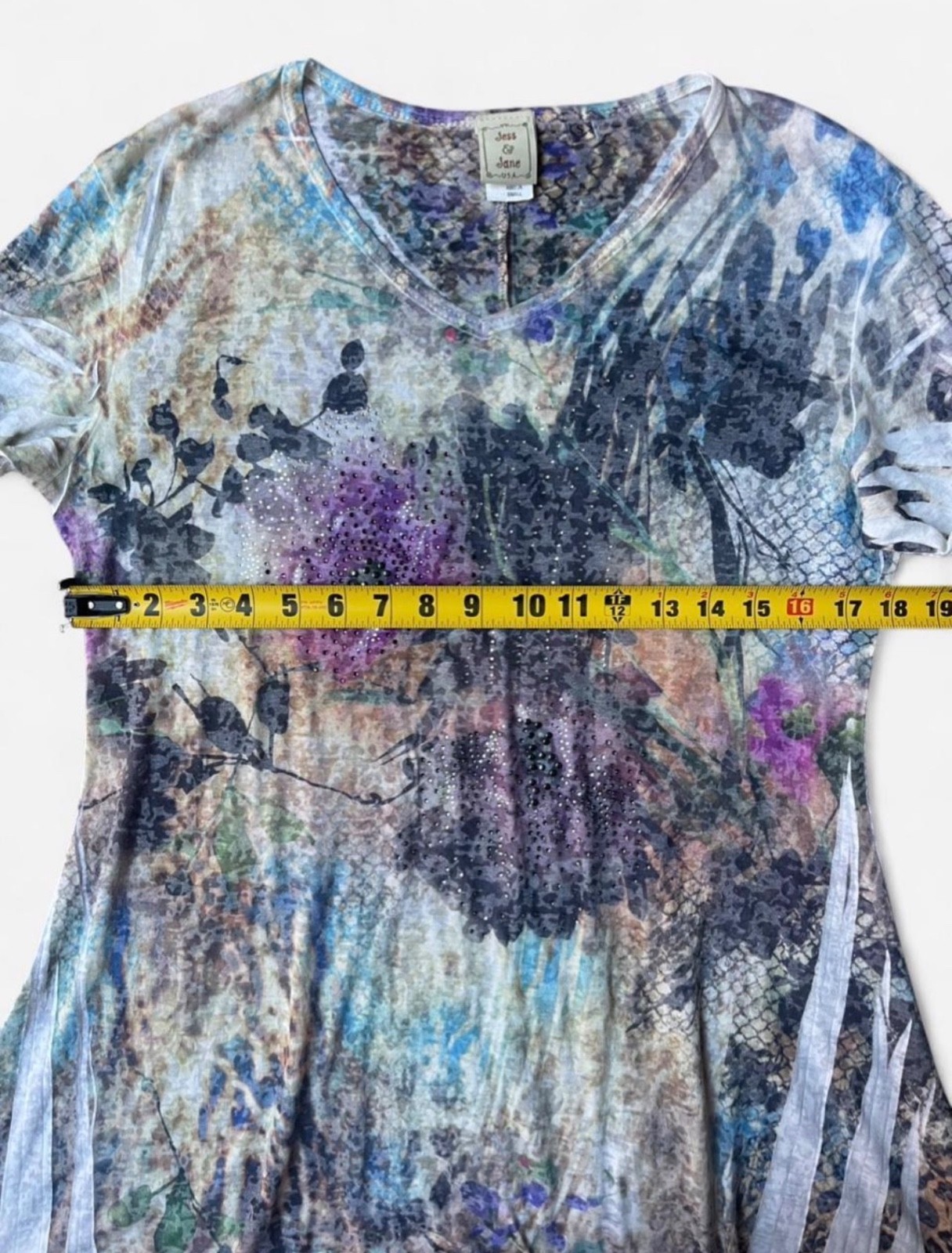 Jess & Jane Asymmetrical Abstract Floral Print Semi Sheer Sequin Tunic Top Sz S