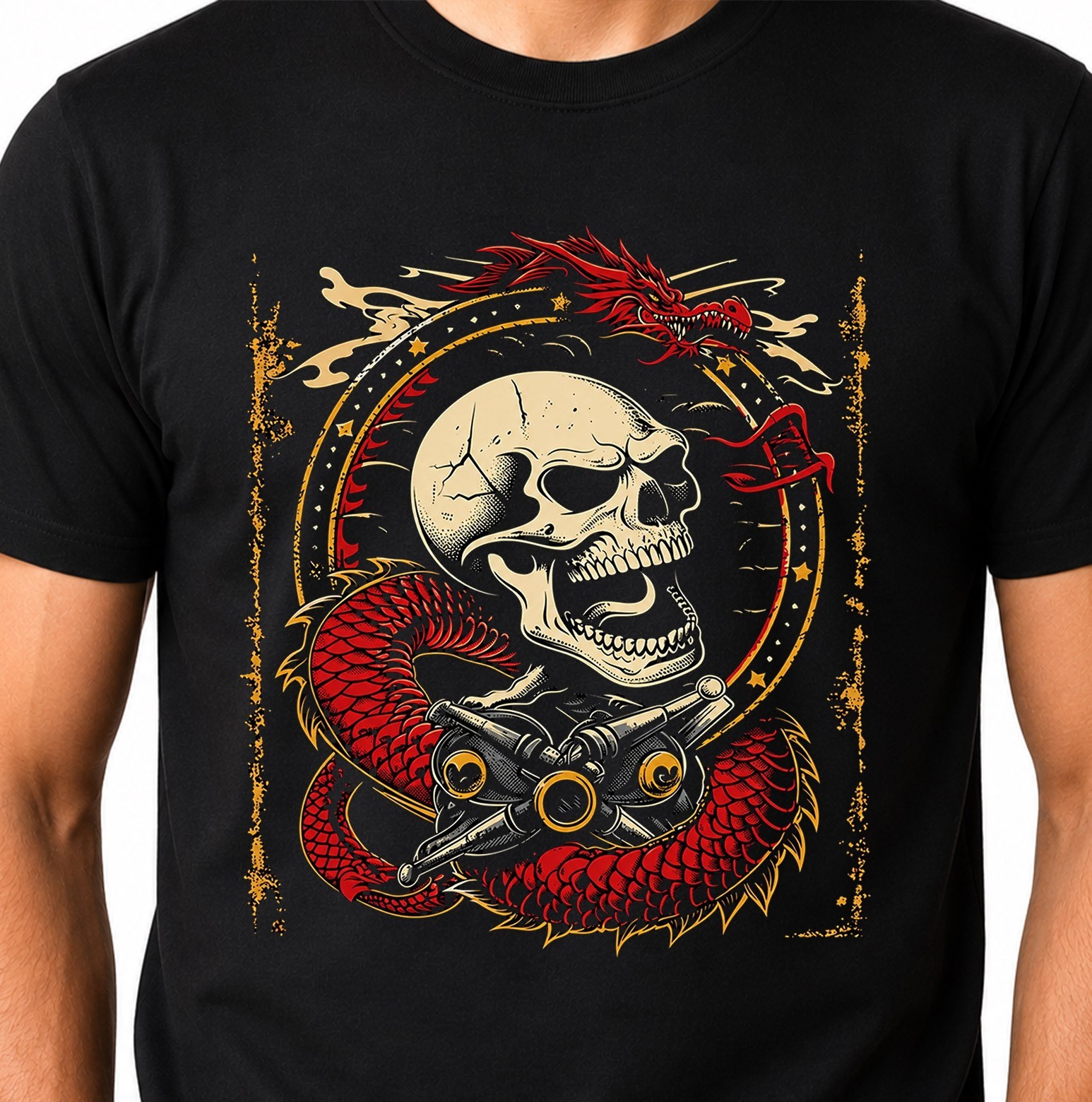 Skull Dragon T-Shirt Japanese Biker Motorcycle Piston Gothic Dark Art Tee.