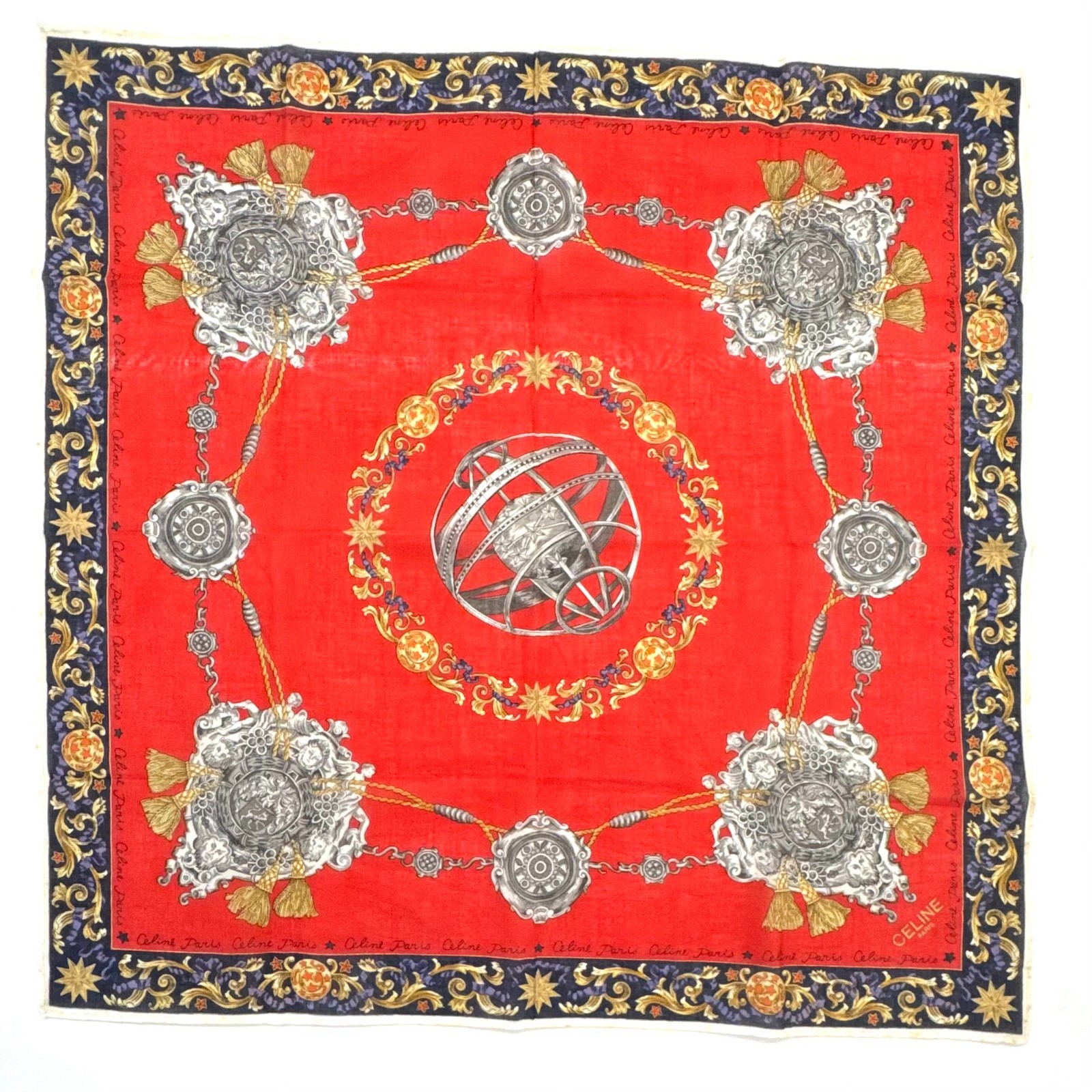 CELINE Vintage Cotton Scarf 47cm Red Armillary Sphere Chain Equestrian Baroque