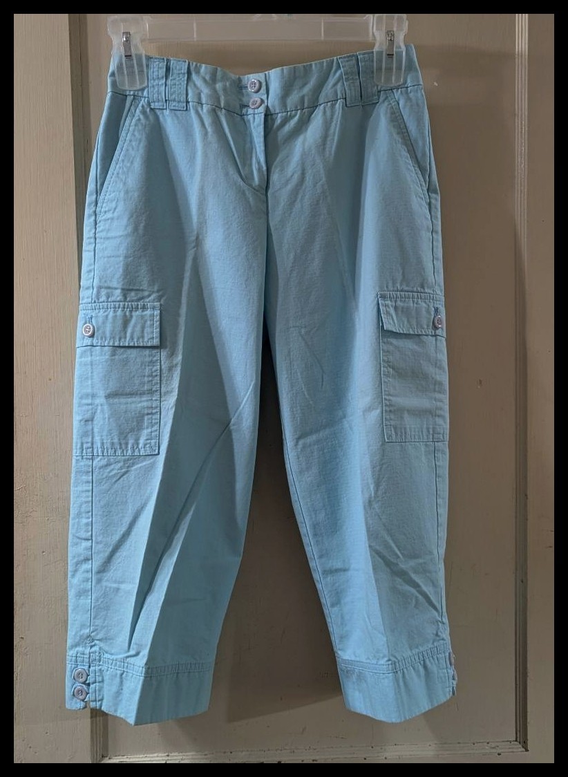 NEW Women’s Izod Light Aqua Blue Cotton Cargo Capri Pants Size 2 Waist 28″-30″