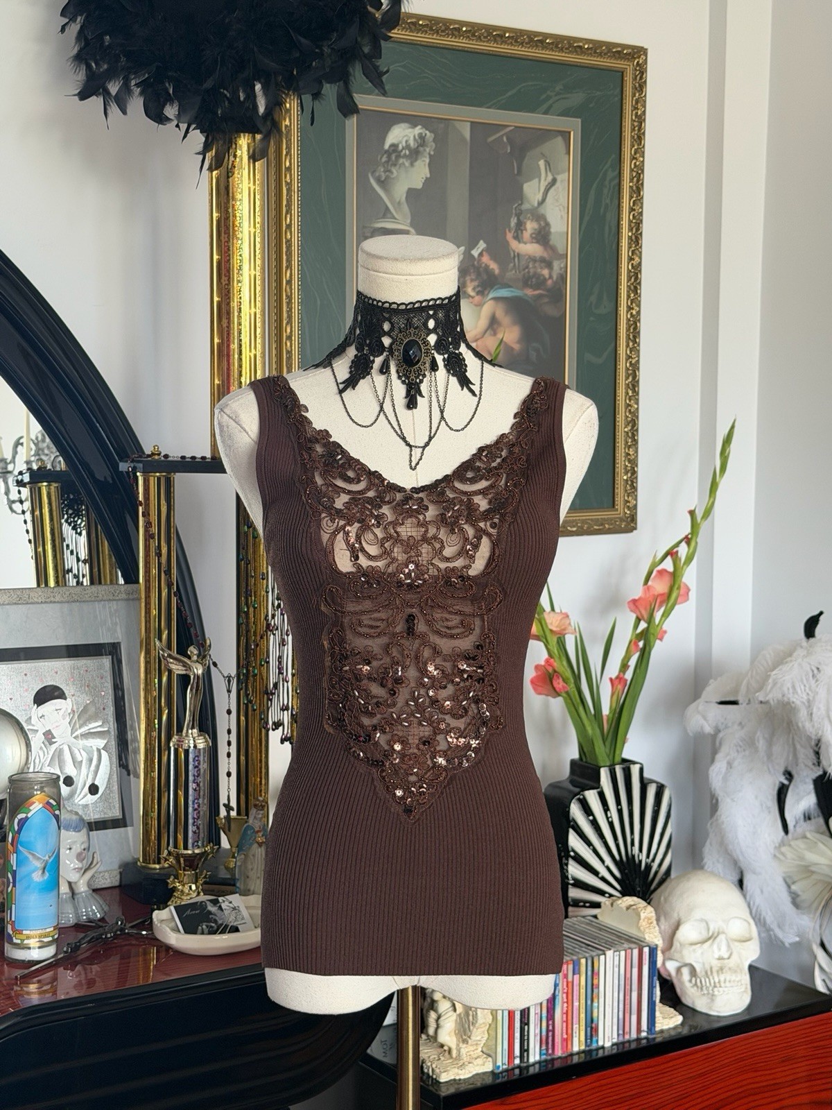 Caché Beaded Lace Illusion Knit Tank Top Brown Size S Stretch Y2K Gothic