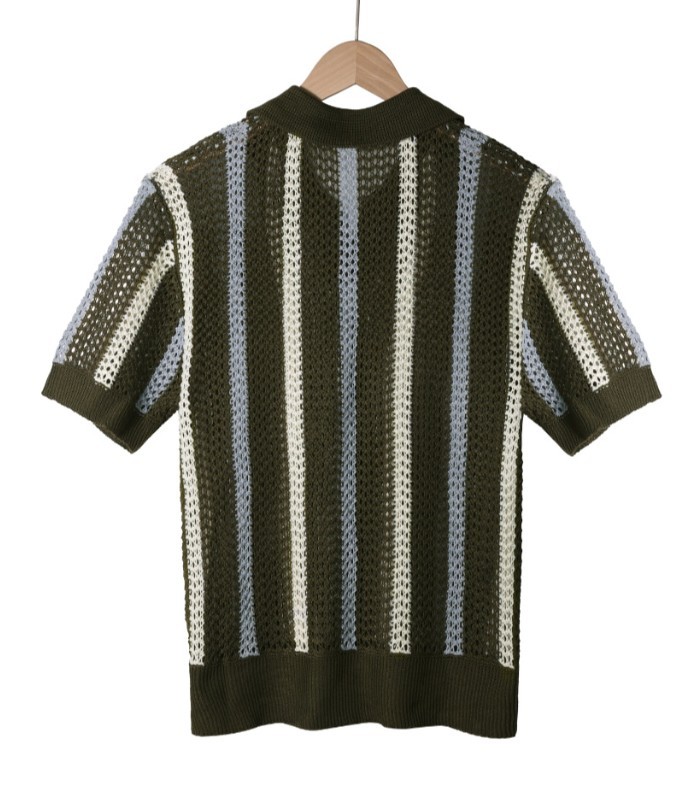 Men’s V-Neck Collared Knit T-Shirt Hollow Out Striped Short Sleeve Tee