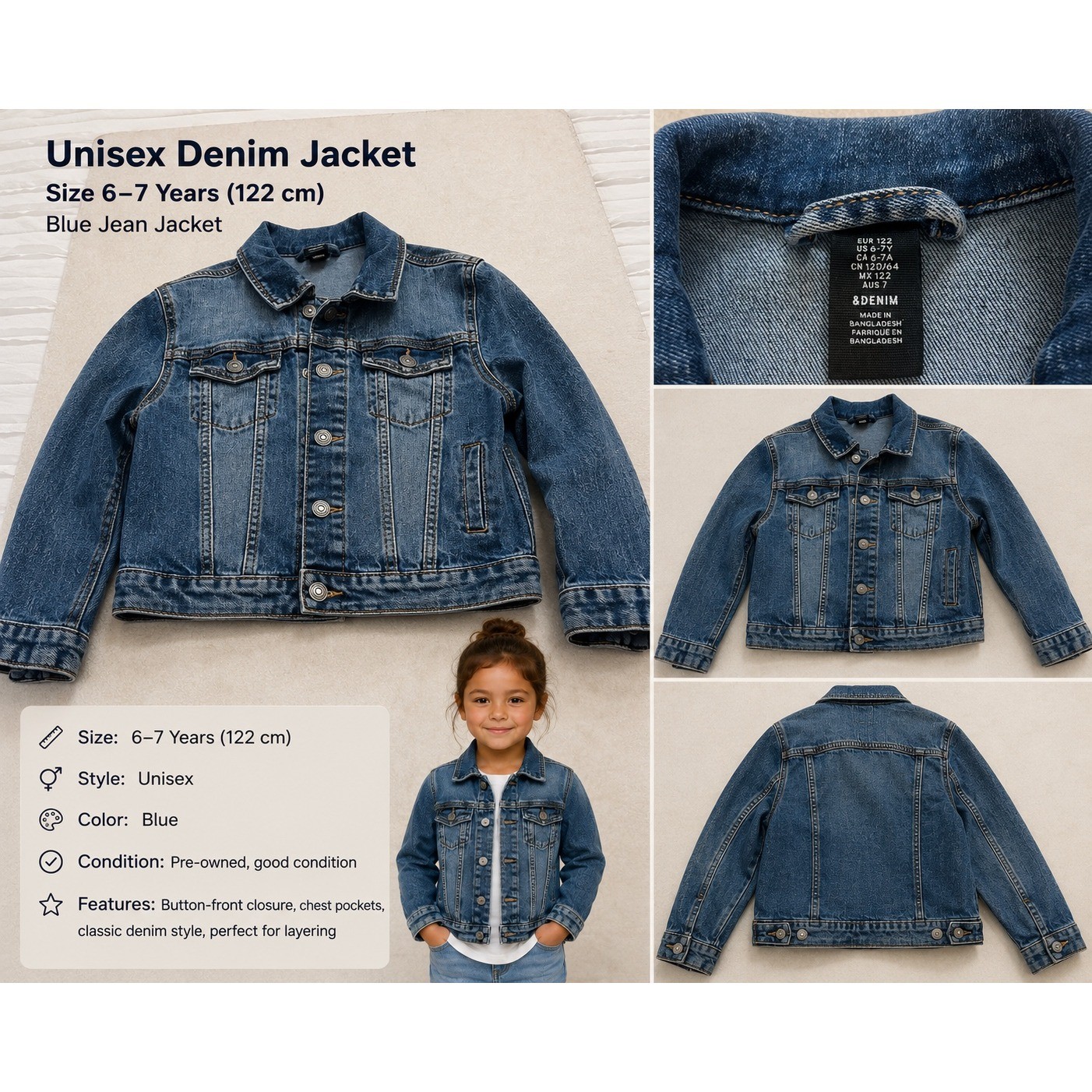 H&M &Denim Kids Unisex Blue Jean Jacket Size 6-7Y 122cm Trucker Jacket