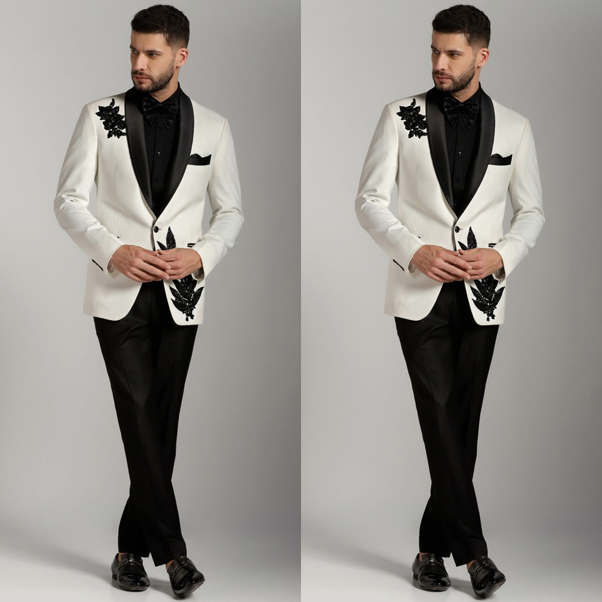 Regular Fit Men’s Suits Shawl Lapel Coat 2Pcs Patchwork Black and White Jacket