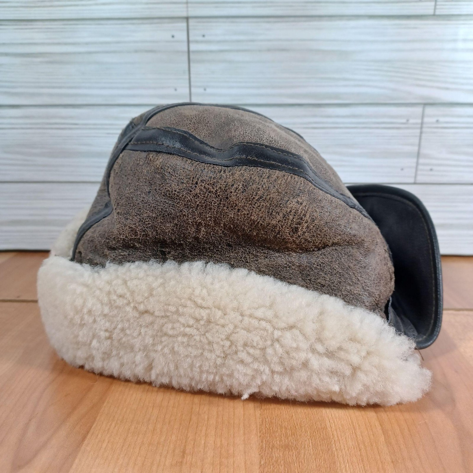 Vtg Avirex Bomber Hat Cap Mens M Brown Leather Shearling Lined Ear Flap Made USA