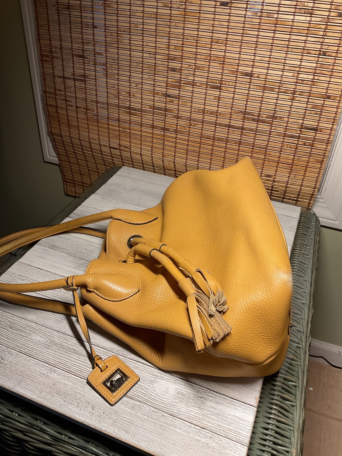 Dooney & Bourke Portofino Yellow Leather Grommet Drawstring Large Shopper Bag