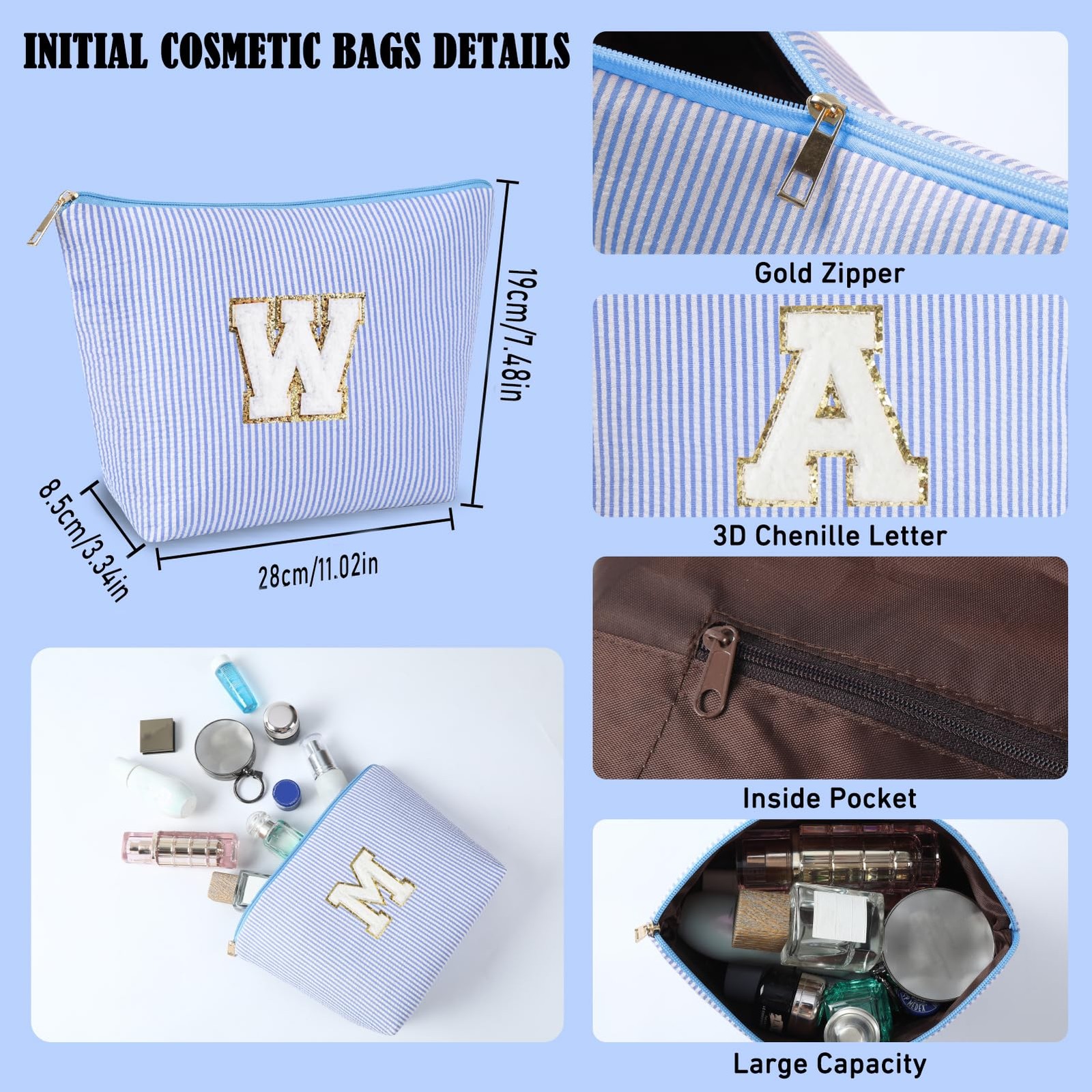 Huifen Initial Makeup Bag for Women, 11.02 in * 3.35 * 7.48 in, Blue