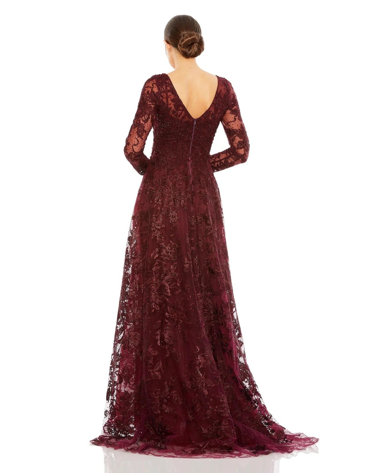 Mac Duggal Mahogany Burgundy Beaded Floral Embroidered Long Sleeve Gown 18 $798