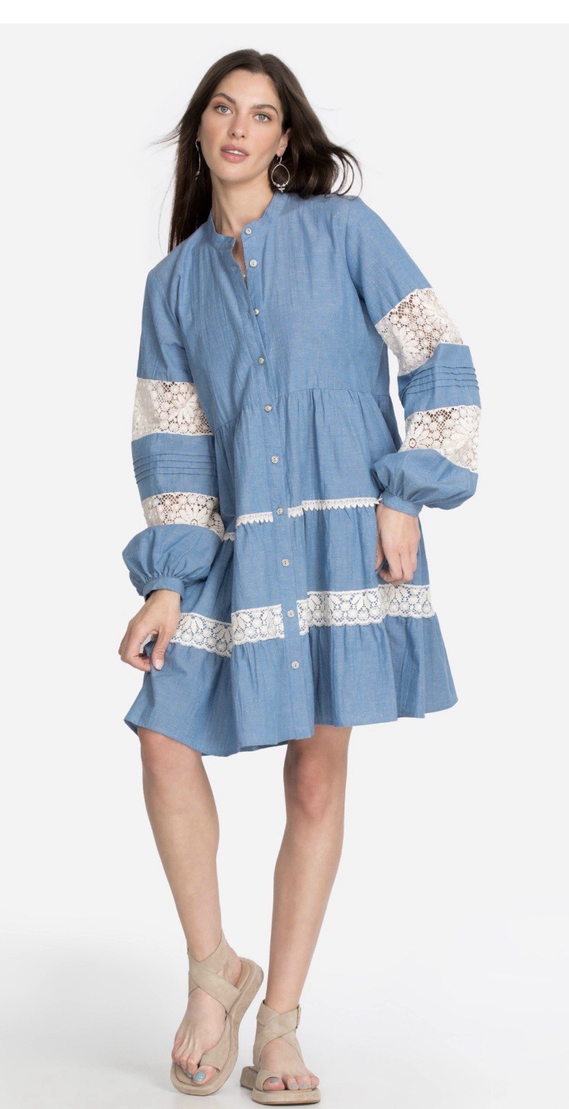 Johnny Was Jade Laguna Pieced Above Knee Cotton Linen Lace Boho Tiered Dress L