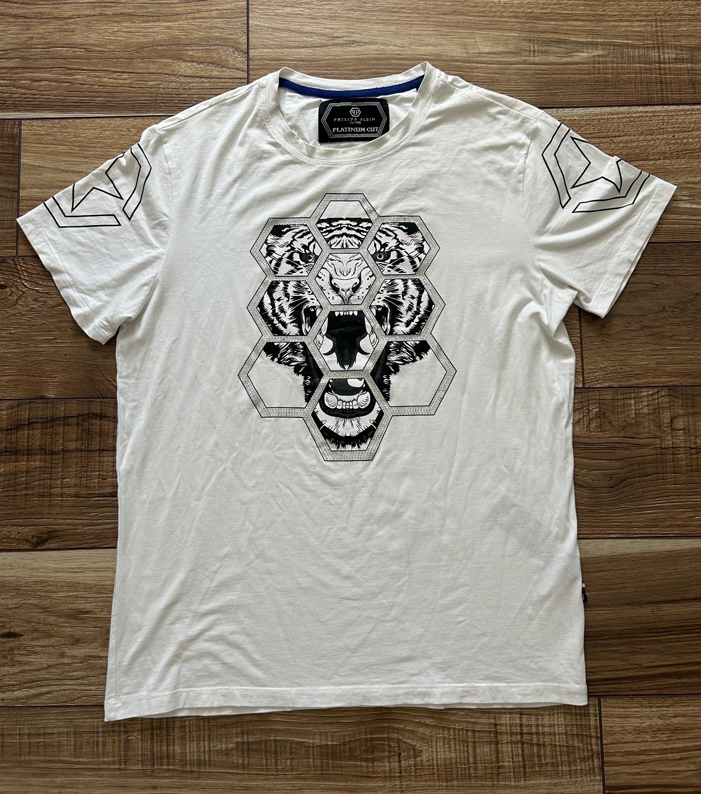 PHILIPP PLEIN Platinum Cut T Shirt Hexagon Tiger Head Graphic Men’s Large White