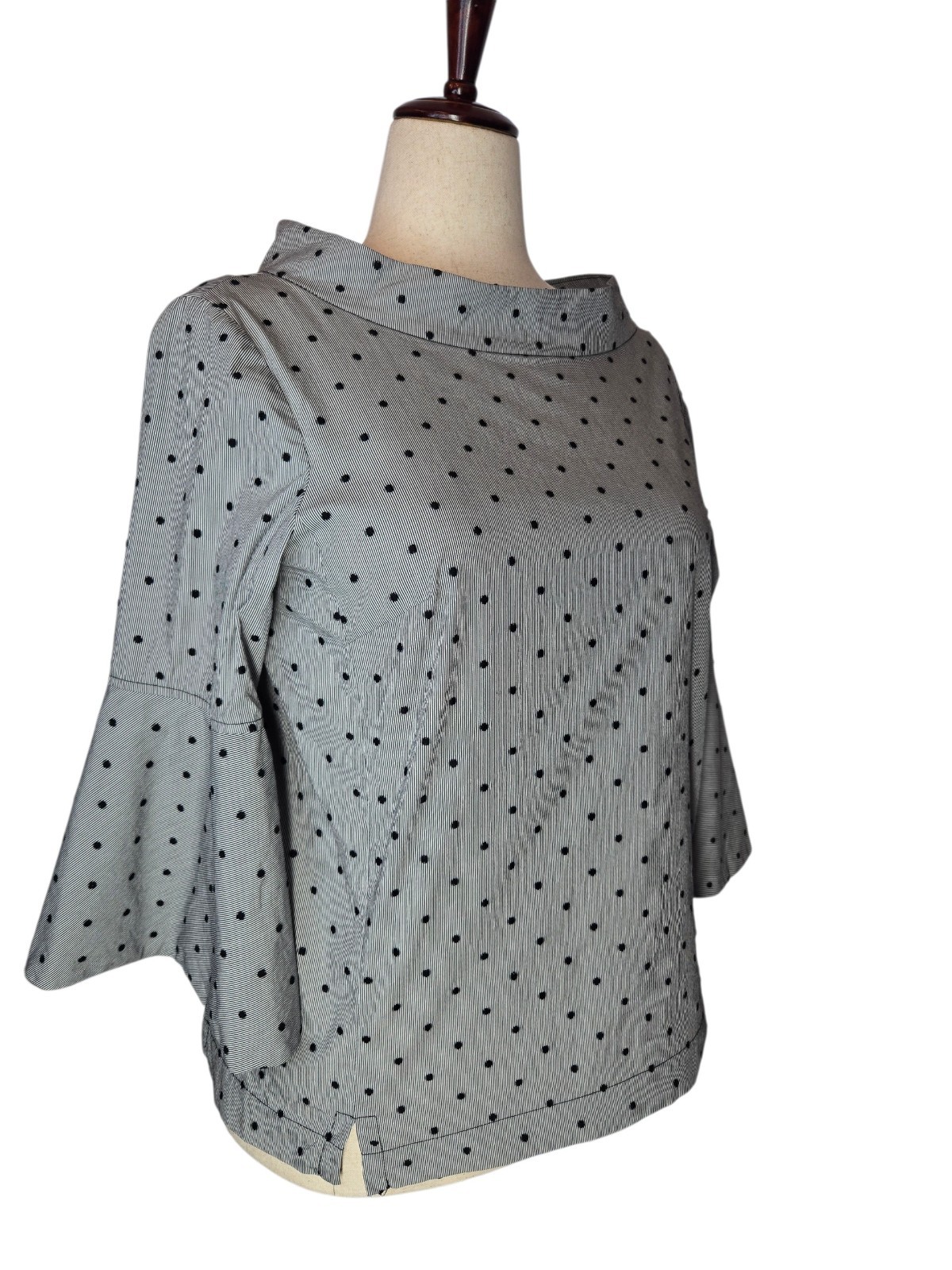 Sara Campbell Women’s 12 Black Dot Micro Stripe Blouse Flair Sleeve Boat Neck, L