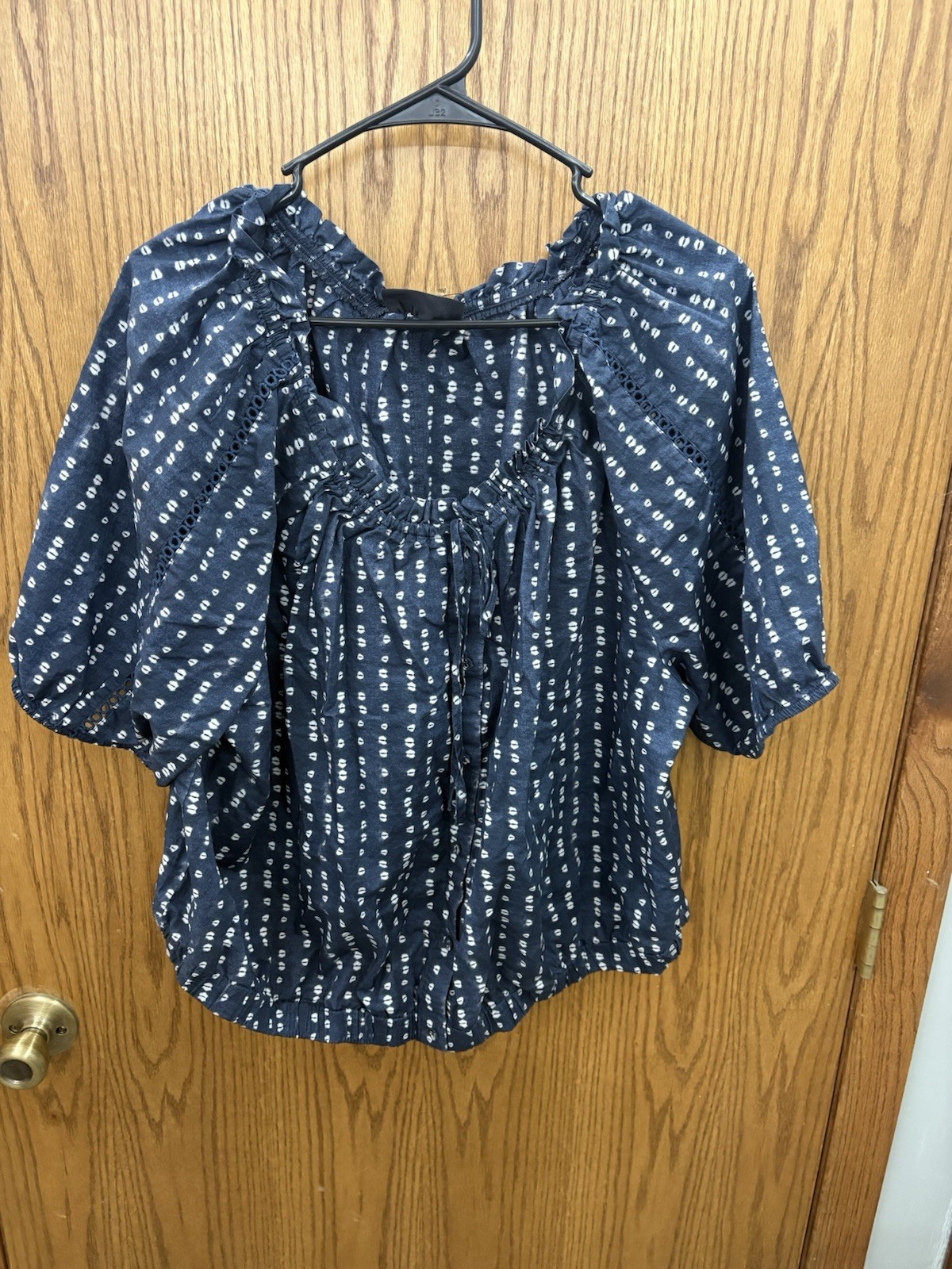 Lane Bryant Blue/White Polka Dot Peasant Scoop Neck Puff Sleeve Blouse 22/24
