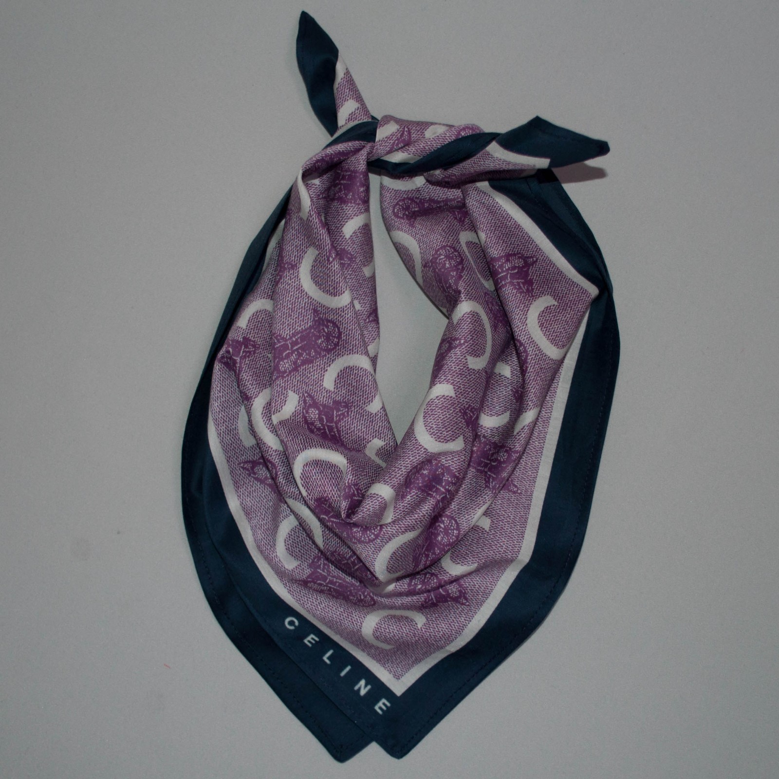 Celine horse and carriage pattern mulberry silk & cotton scarf Logo 47x47cm.