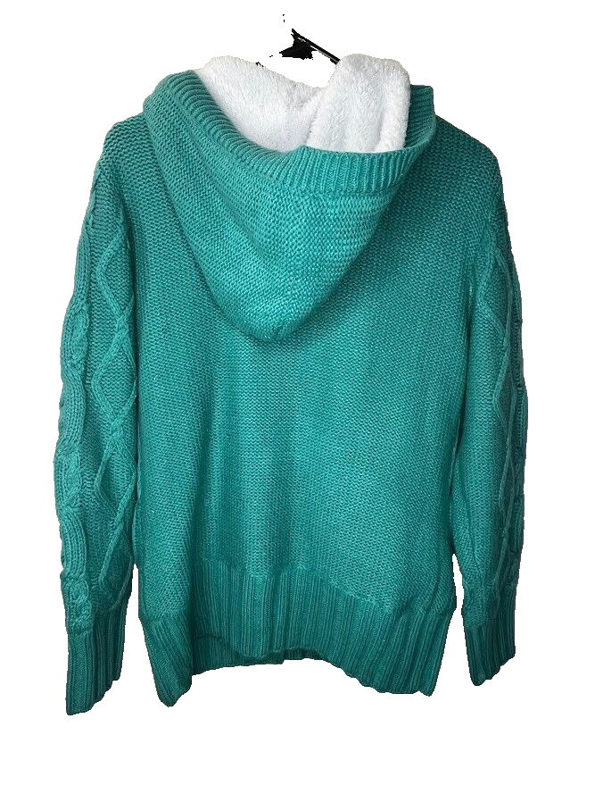 Hooded Cardigan Button Up Cable Knit Sweater Coat size Small Turquoise Sharpa