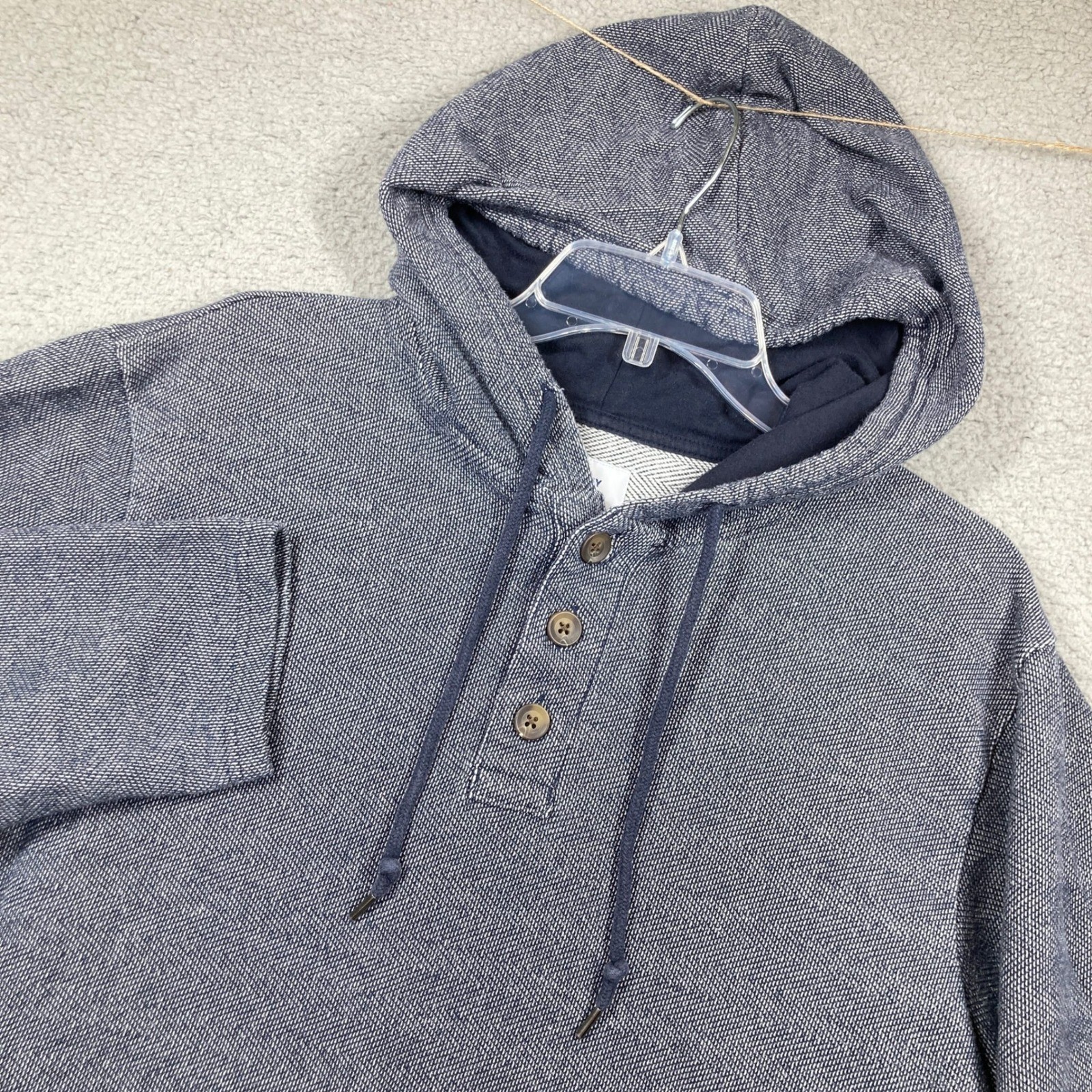 Old Navy Baja Henley Hoodie Mens XL Navy Blue Herringbone Textured Pullover FLAW