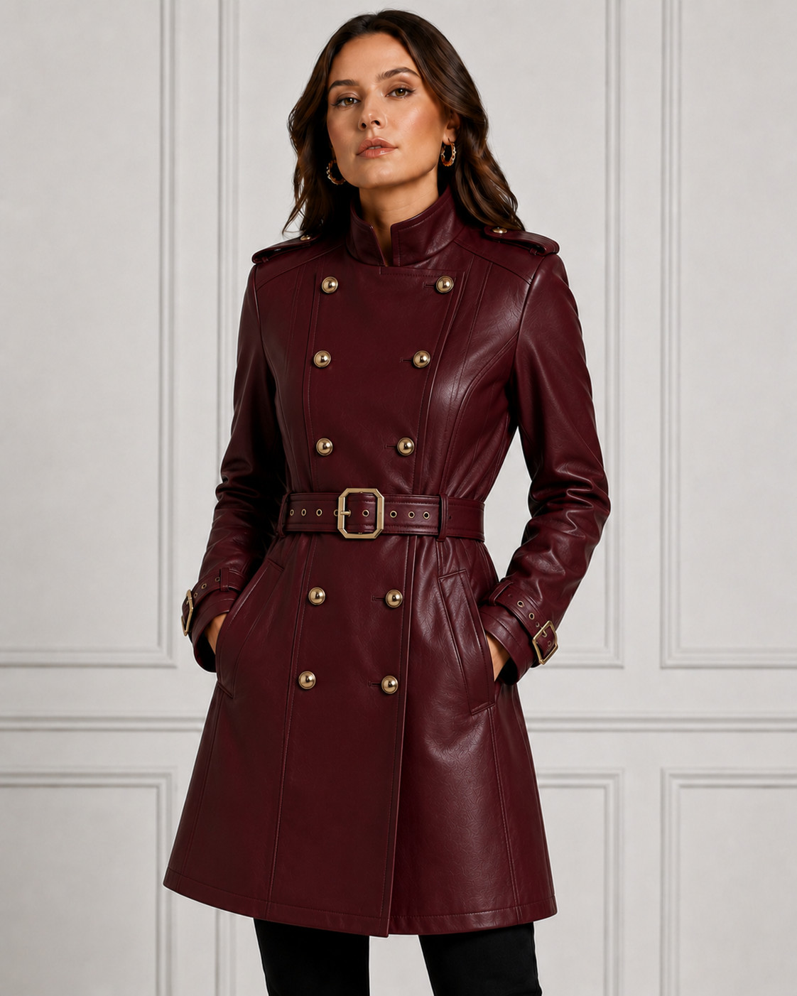 Womens Leather Trench Coat Burgundy Belted Slim Fit Double Breasted Coat