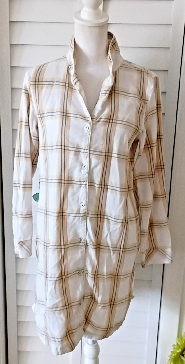 Soft Surroundings beige Plaid long sleeve Nightshirt lounge soft flannel S