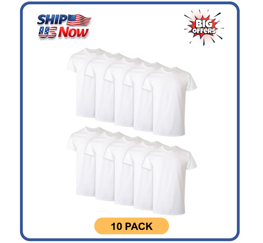 10 Pack Hanes Men’s White Crew T-Shirt Super Value Cotton Size S-3XL