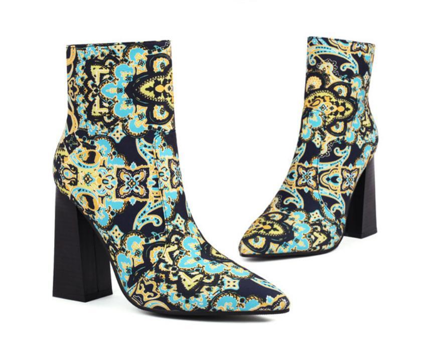 Retro Floral Women’s Pointed Toe Chunky Heels Side Zip Ankle Boots Fashion Pumps