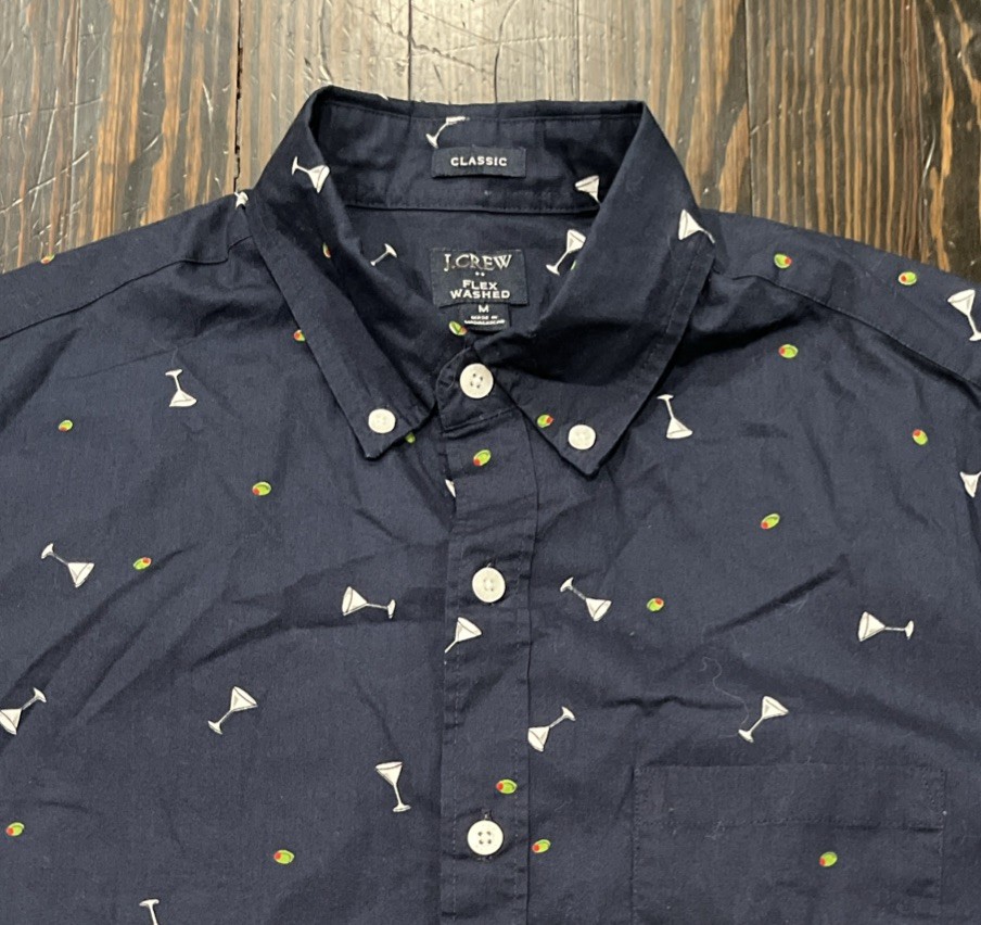 J. Crew Button Down Shirt Men’s Medium Classic Blue Martini Print Cotton