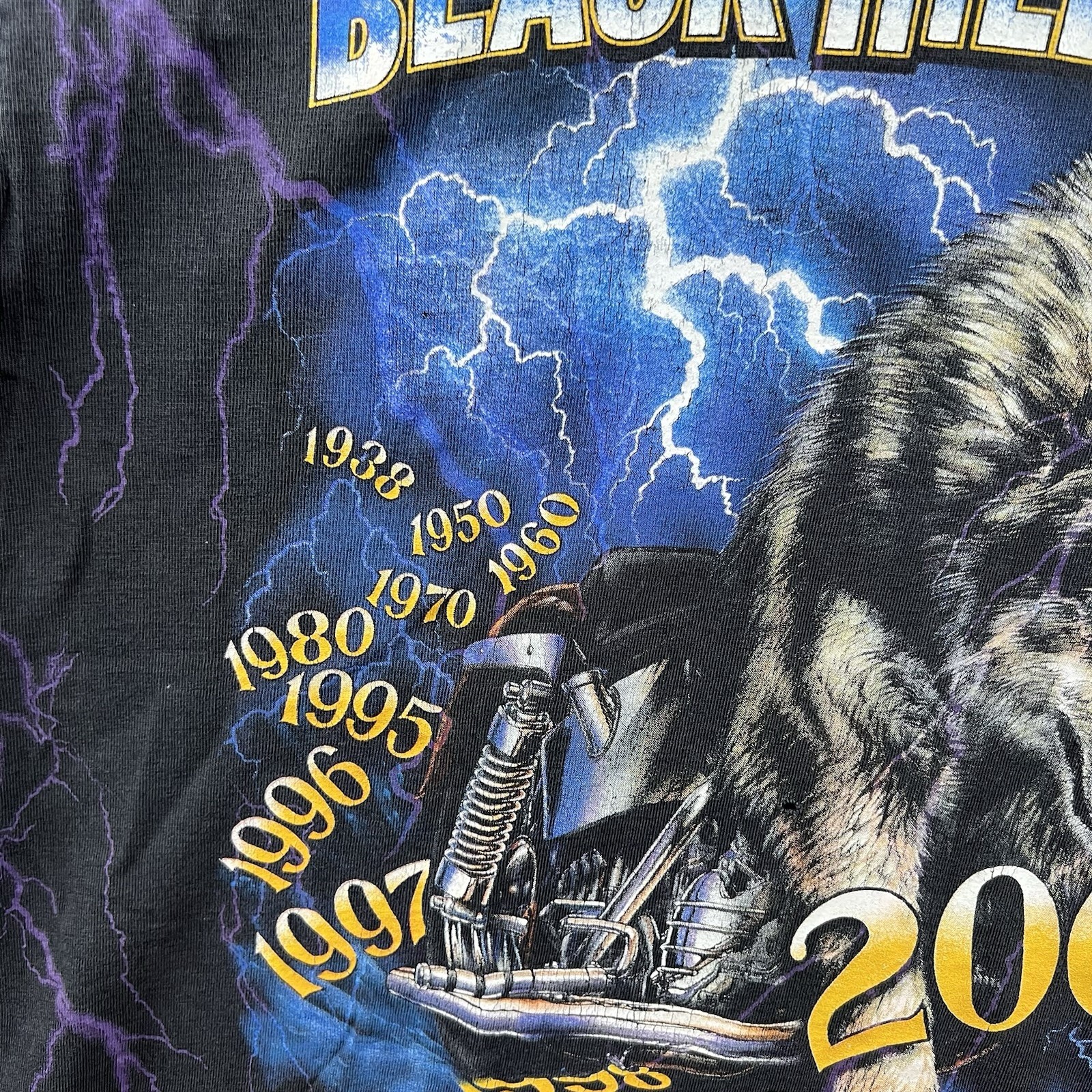 Vintage Sturgis Shirt Mens Large Black Purple Lightning Wolf Biker Rally AOP