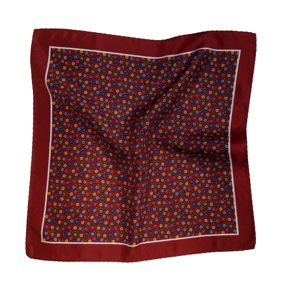 NEW – 100% Silk Pocket Square – Ruby Red with Petite Flowers 12.5in