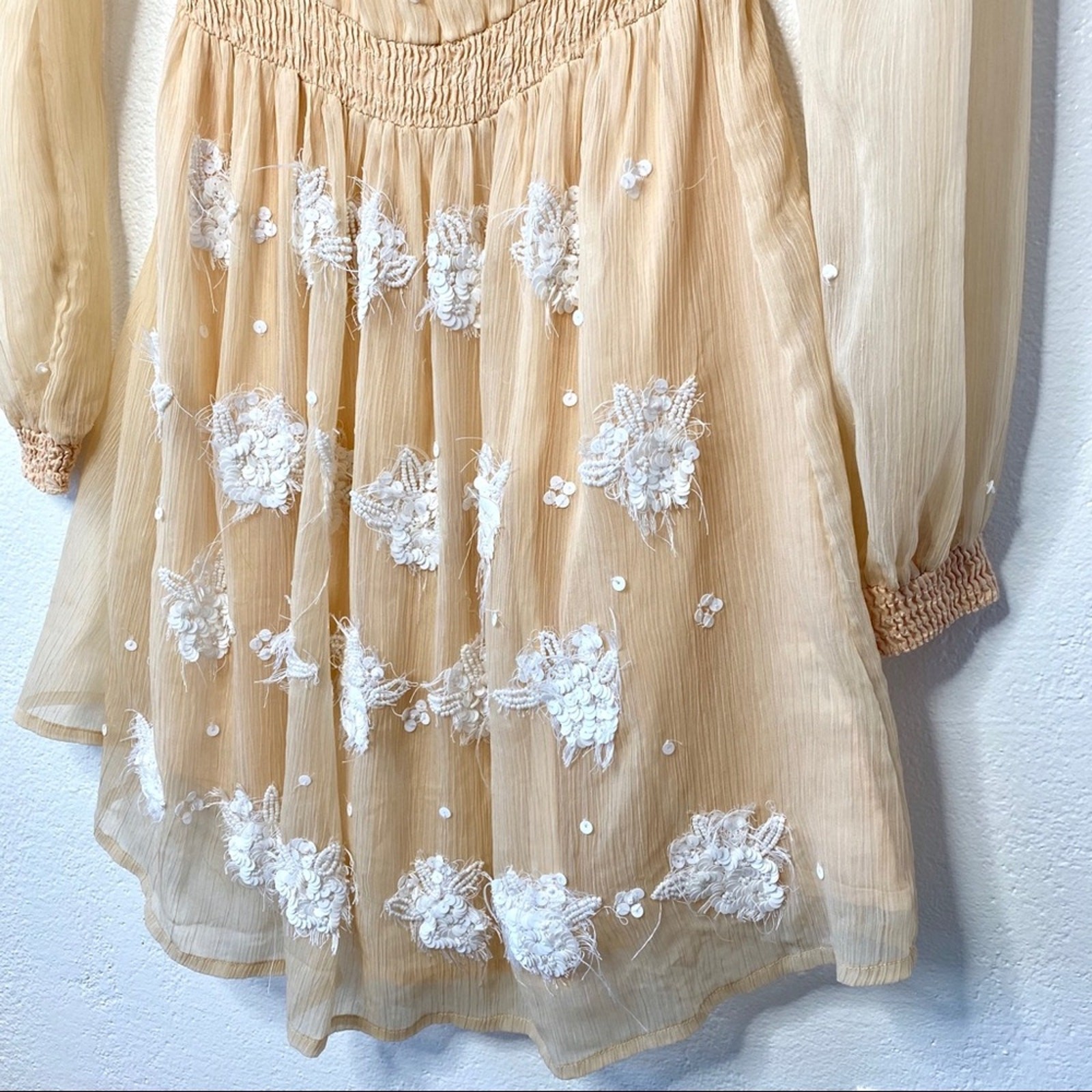 ASOS Sequin Flower Sheer Sleeve Nude Dress Size 6