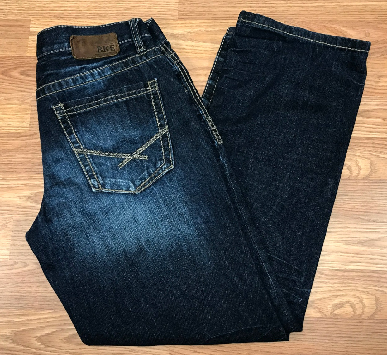 BKE Jake Boot Leg Jeans Blue Denim Straight Leg Dark Wash Stretch Mens 32s 32×29