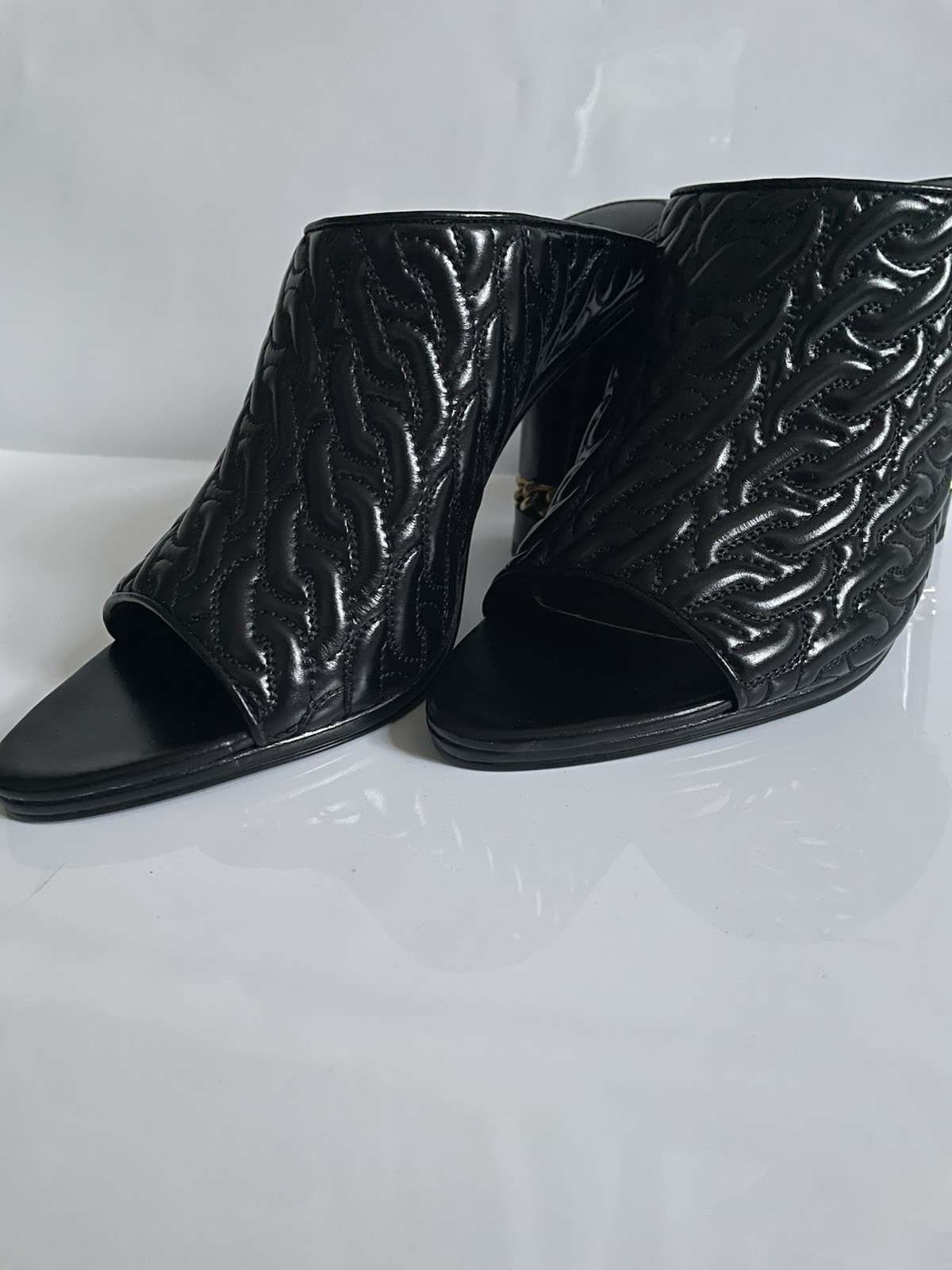 Rebecca Minkoff Black Quilted Leather Chain Open Toe Slip-On Mule Heels 10