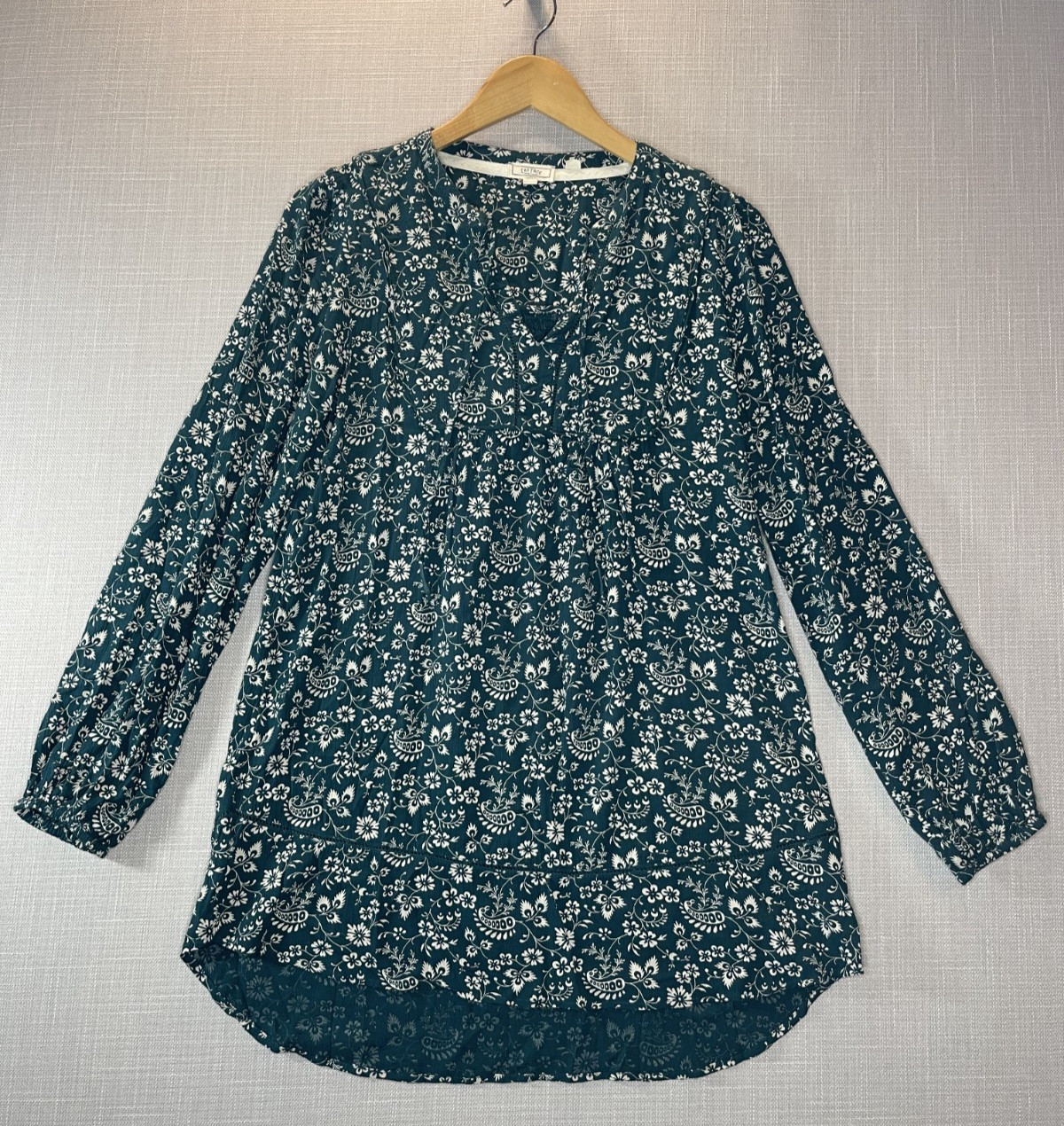 FATFACE Ladies Size 10 Teal Blue/Green Floral Print Tunic Top V Neck Longline