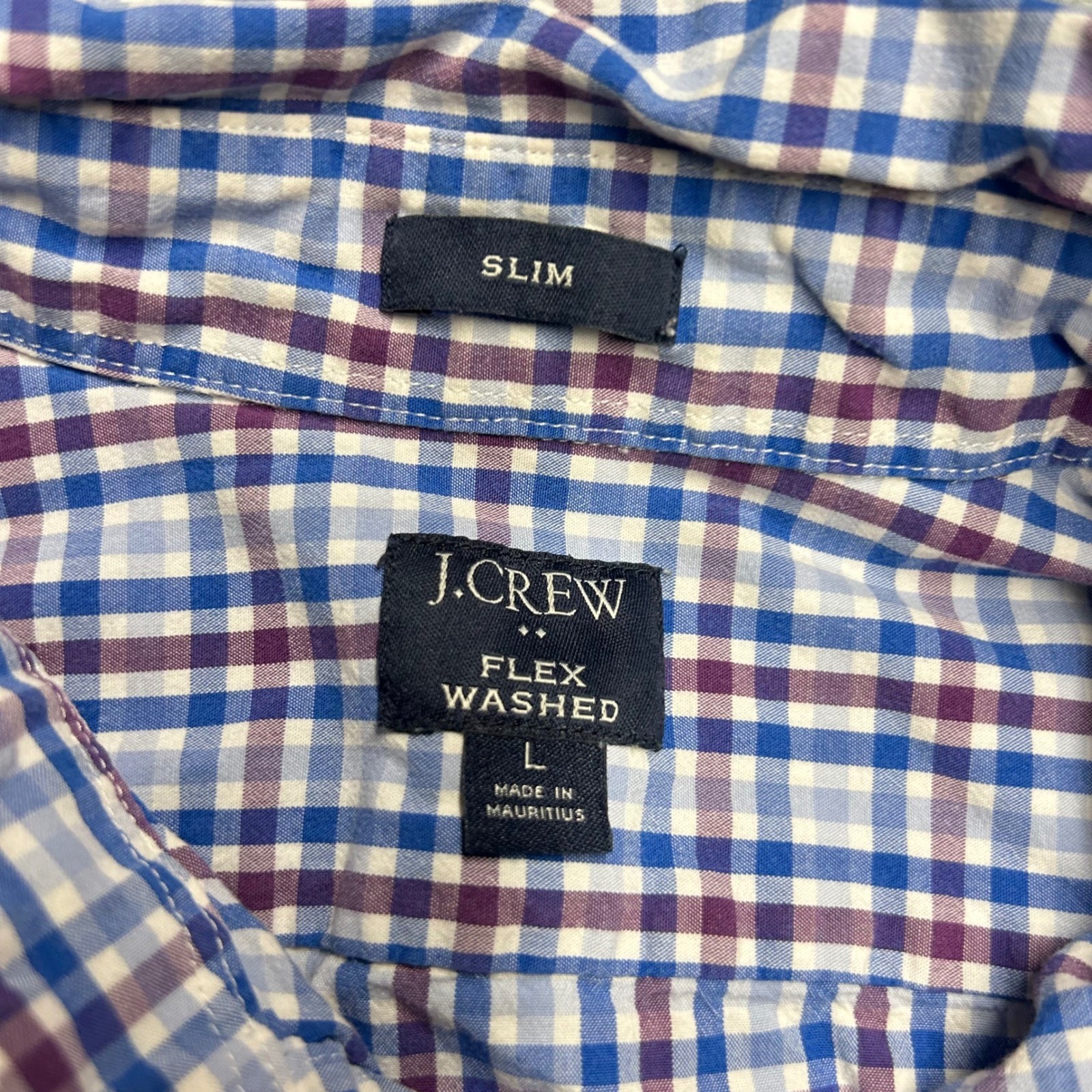 J.Crew Button Down Blue Purple Plaid Mens Large Slim Fit Flex Washed Shirt