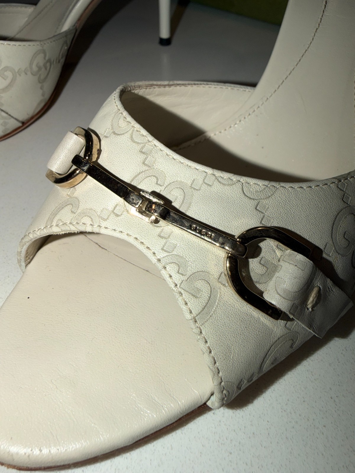 Gucci Guccissima GG Monogram Horsebit Slide Heels, Authentic, Size 37 1/2
