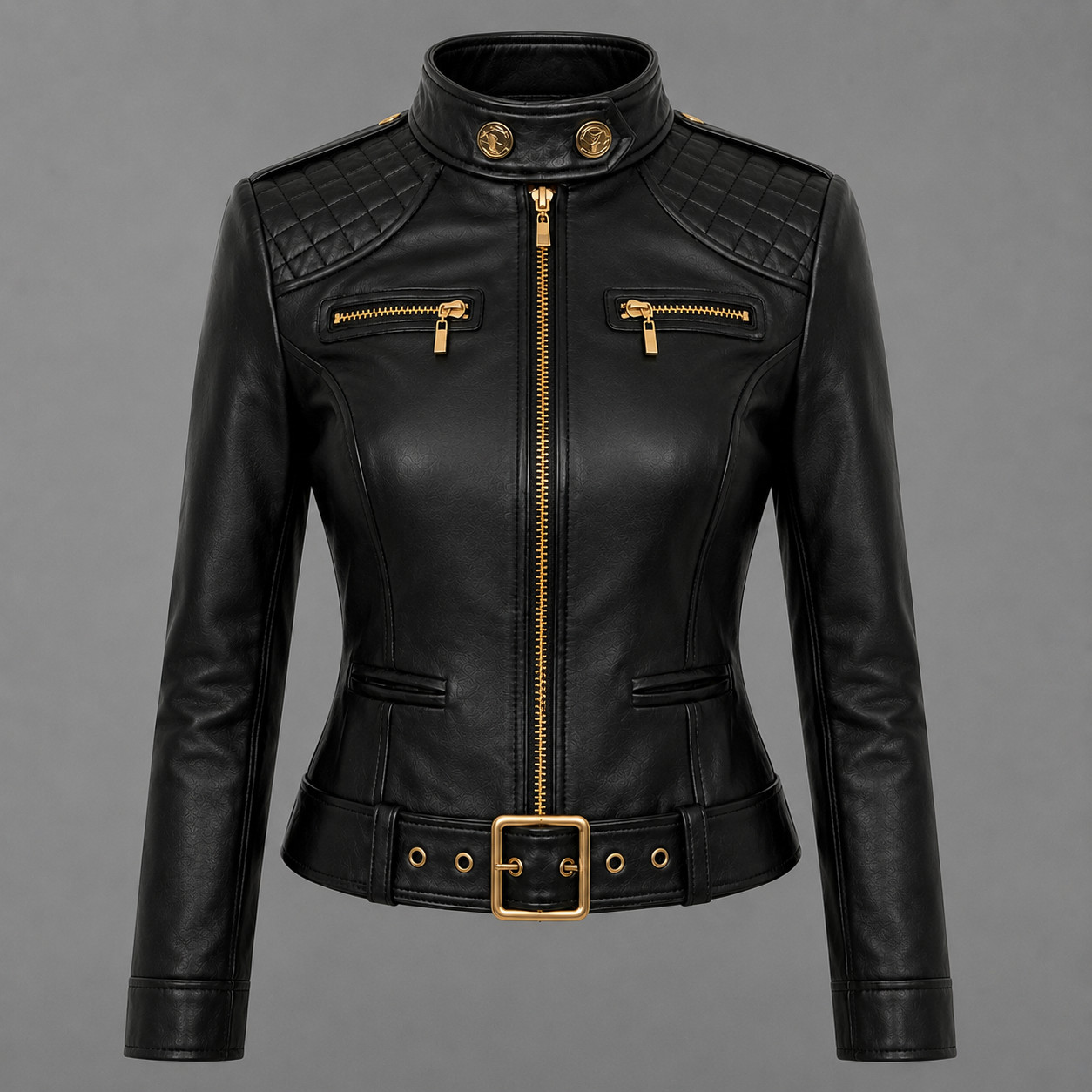Womens Black Leather Moto Jacket – Slim Fit Biker – Gold Zip Belted Stylish Coat