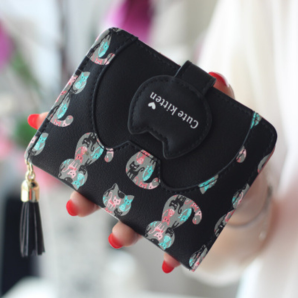 Womens Zip Around Bifold Wallet with Hasp Cute Kitty Leather Small Handbag Purse