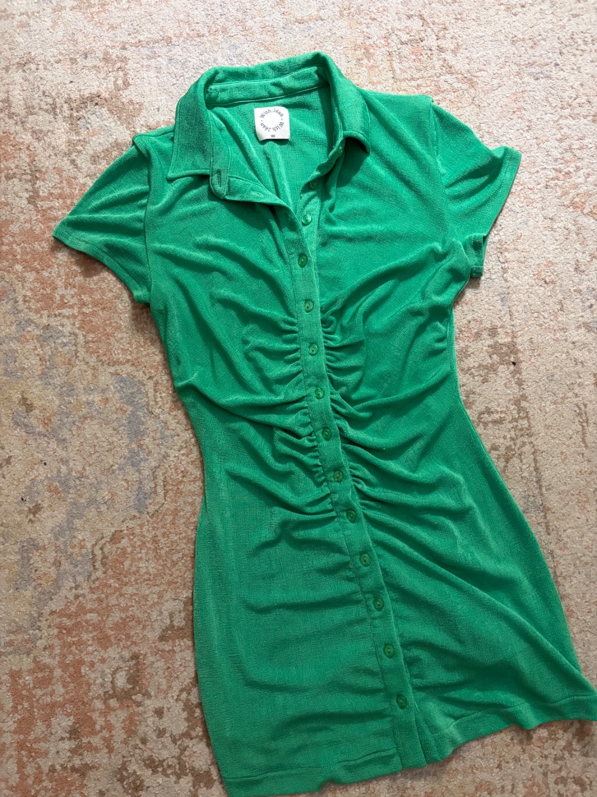 With Jean Alexa Mini Dress Juicy Emerald Green Ruched Button Front Size S