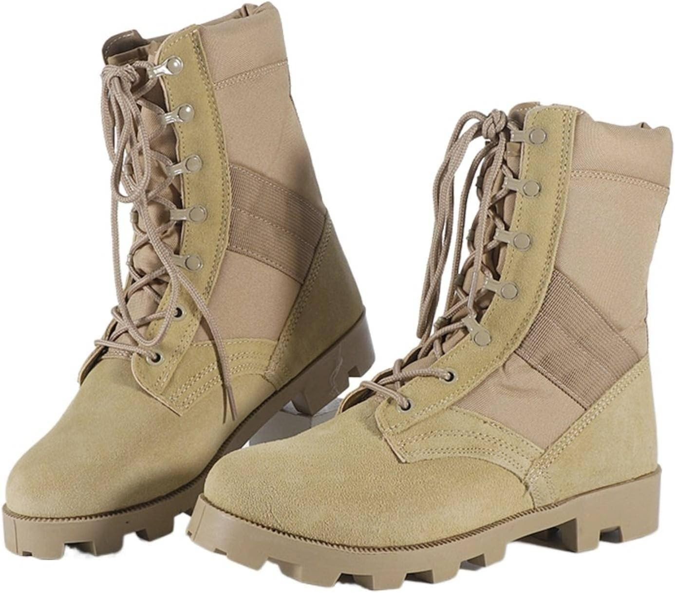 Mens Tactical Khaki Jungle Hiking Leather Canvas Boots Panama Sole Military Army