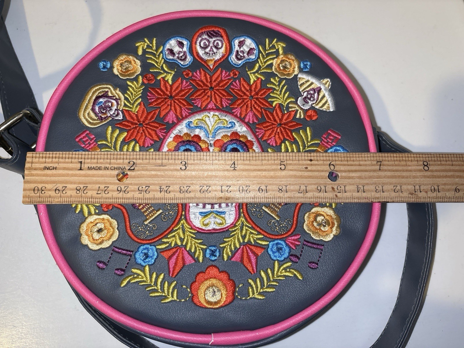 Disney Store Round Coco Embroidered Crossbody Bag Gray Pink Sugar Skull EUC
