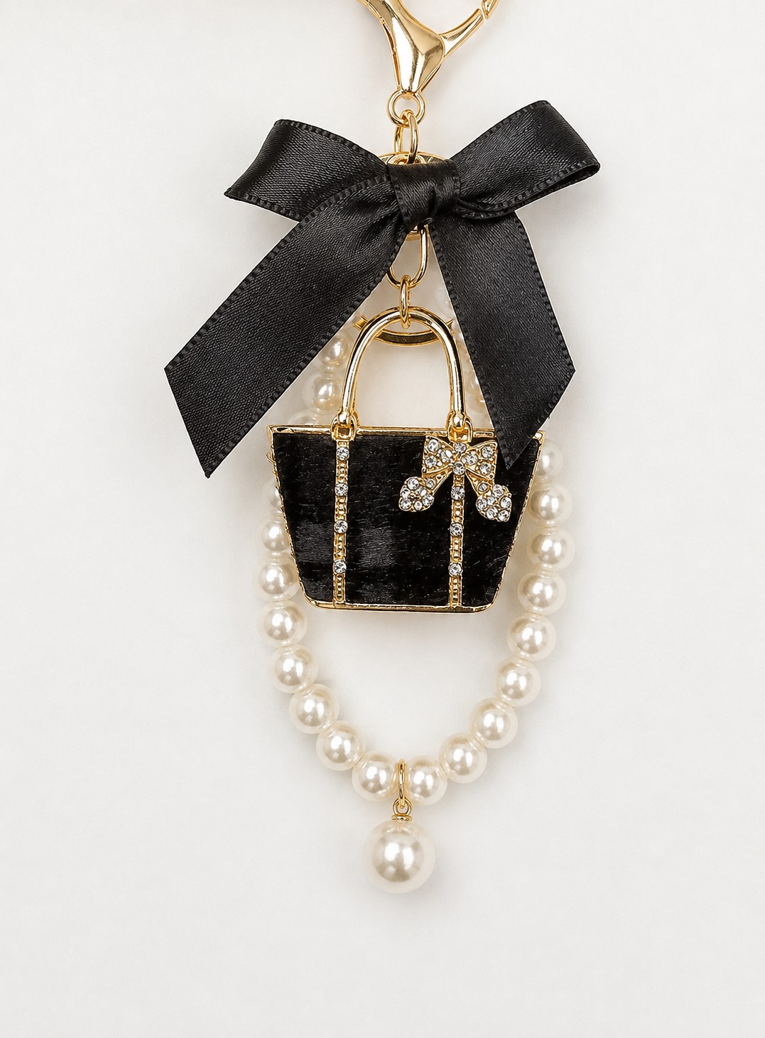 Gold Tone Purse Charm Keychain Handbag Black Bow Faux Pearl Keyring Women