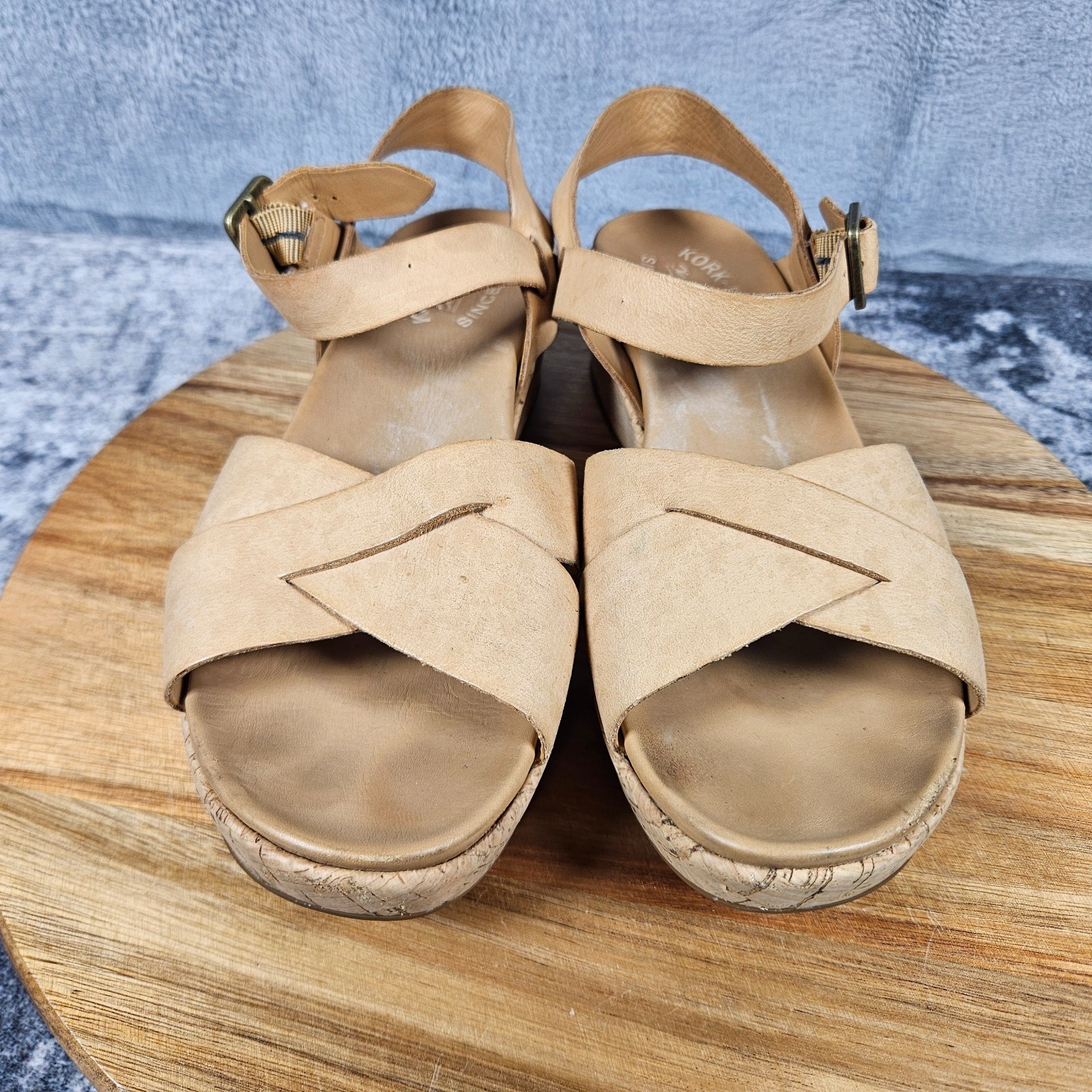 Kork-Ease Myrna Womens 8 Brown Leather Cork Wedge Ankle Strap Sandals Buckle