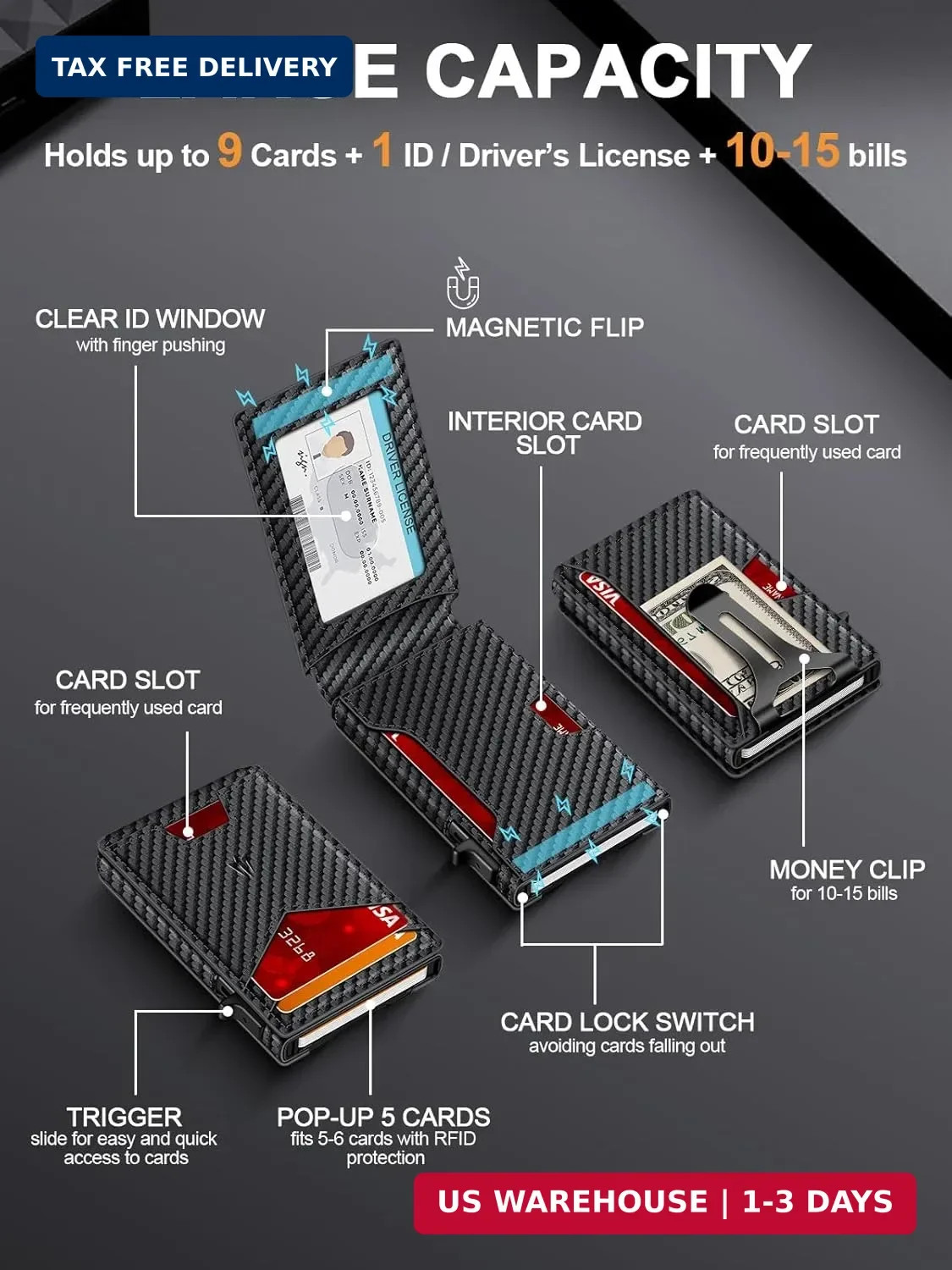 Wallet for Men, Slim Minimalist Wallet with Money Clip & ID Window, RFID Blockin