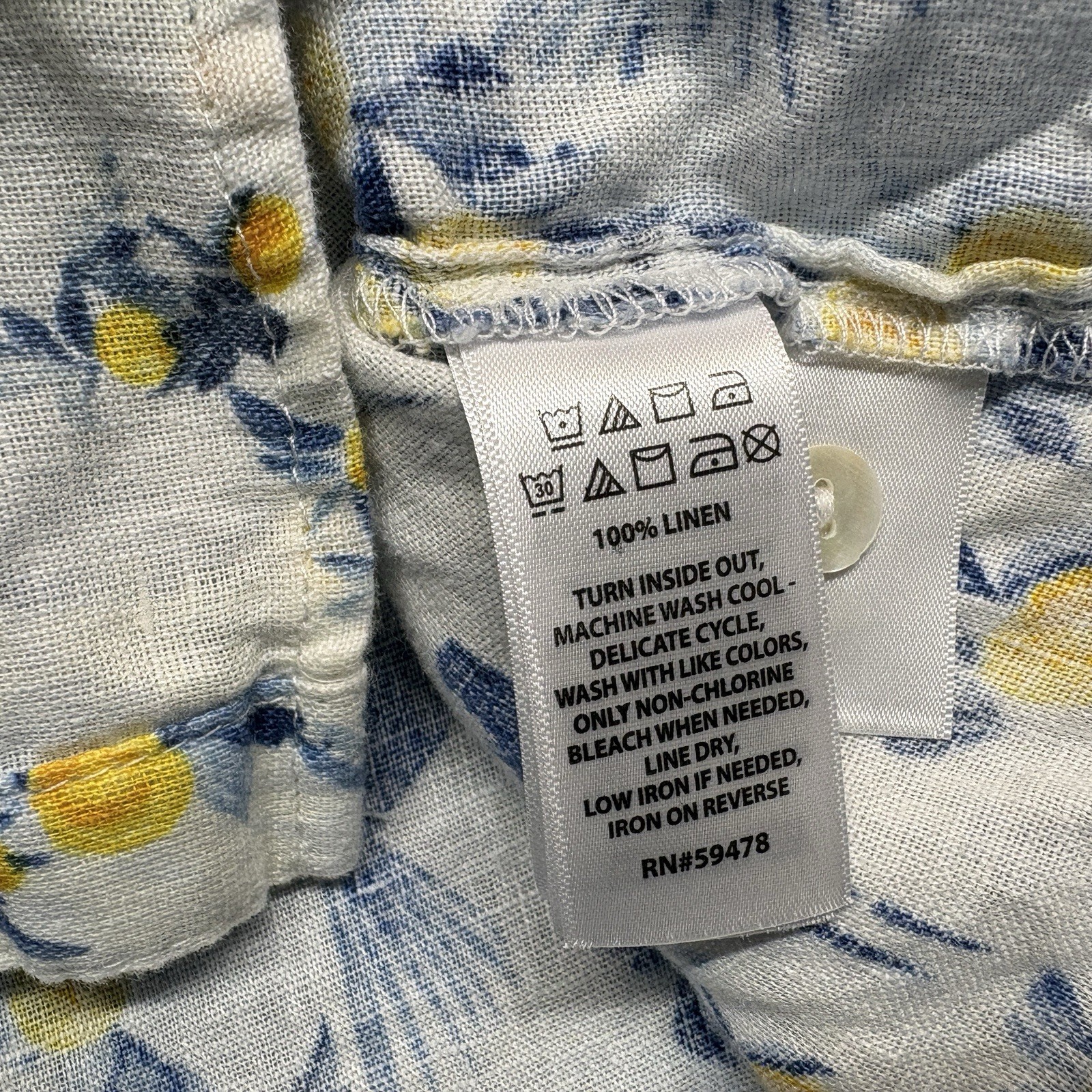 Isaac Mizrahi Size 2X 100% Linen Blouse Blue Yellow Bird Floral Roll Tab Sleeve
